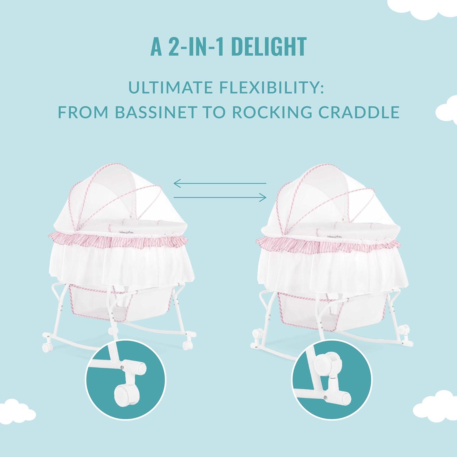 Dream On Me JPMA Certified Lacy Portable 2-in-1 Bassinet & Cradle, Pink/White