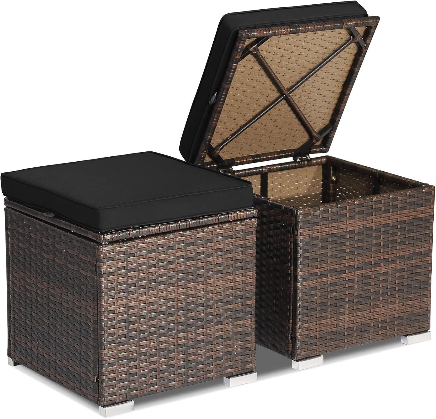 Navy Cushioned PE Rattan Storage Ottomans Set