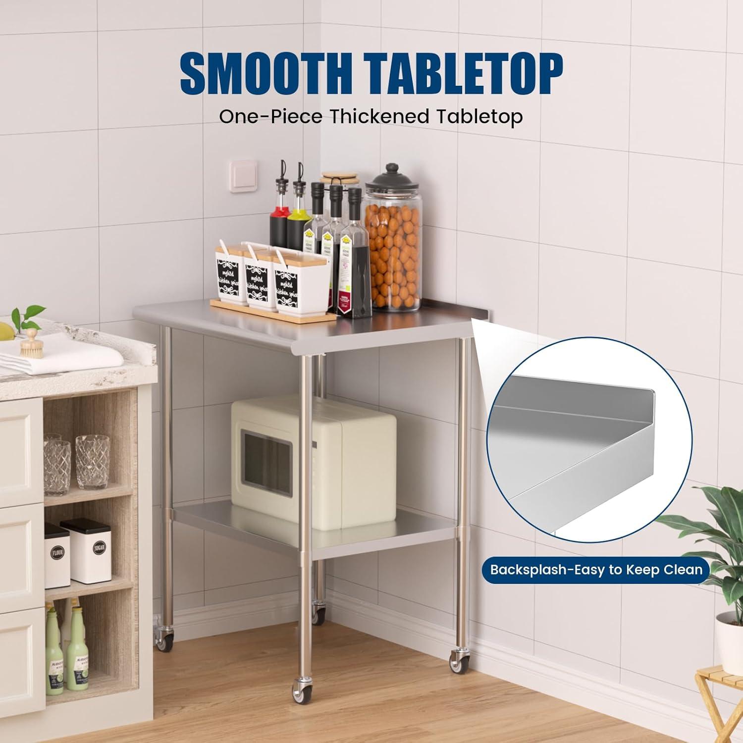 Heavy Duty Stainless Steel Kitchen Prep Table with Adjustable Undershelf and Wheels