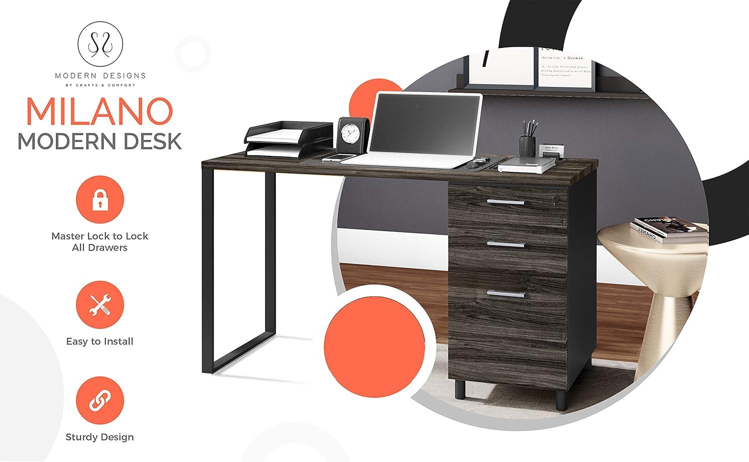 Modern Designs by Crafts and Comfort Milano Modern Home & Office Computer Desk - 47 Inch with 3 Locking Drawers - Wooden Study Writing Desk with Storage Space - Grey/Black