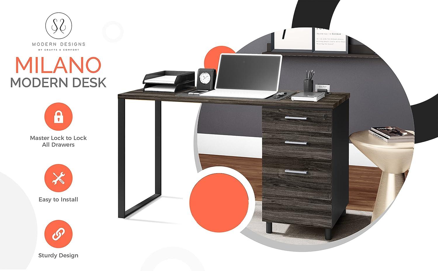 Modern Designs by Crafts and Comfort Milano Modern Home & Office Computer Desk - 47 Inch with 3 Locking Drawers - Wooden Study Writing Desk with Storage Space - Grey/Black