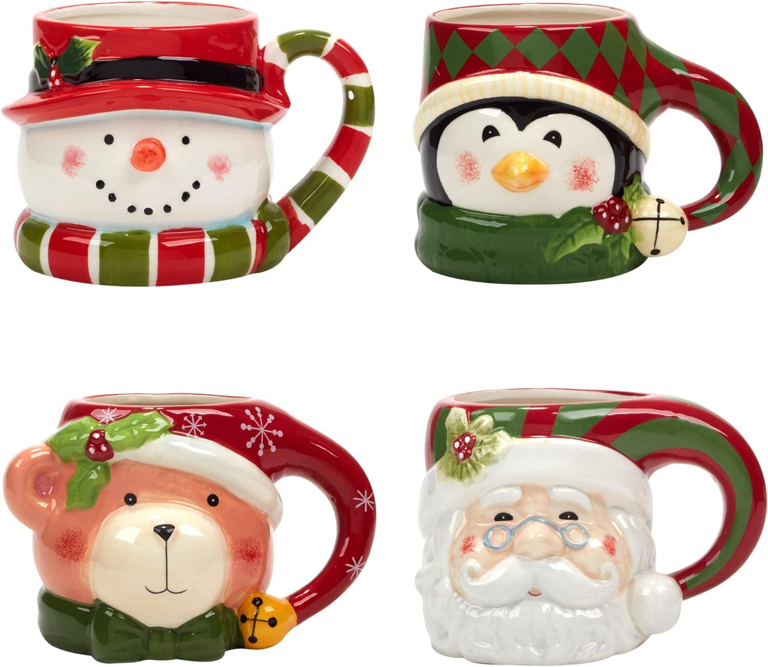 Set of 4 Festive Christmas Ceramic Mugs with 3D Characters