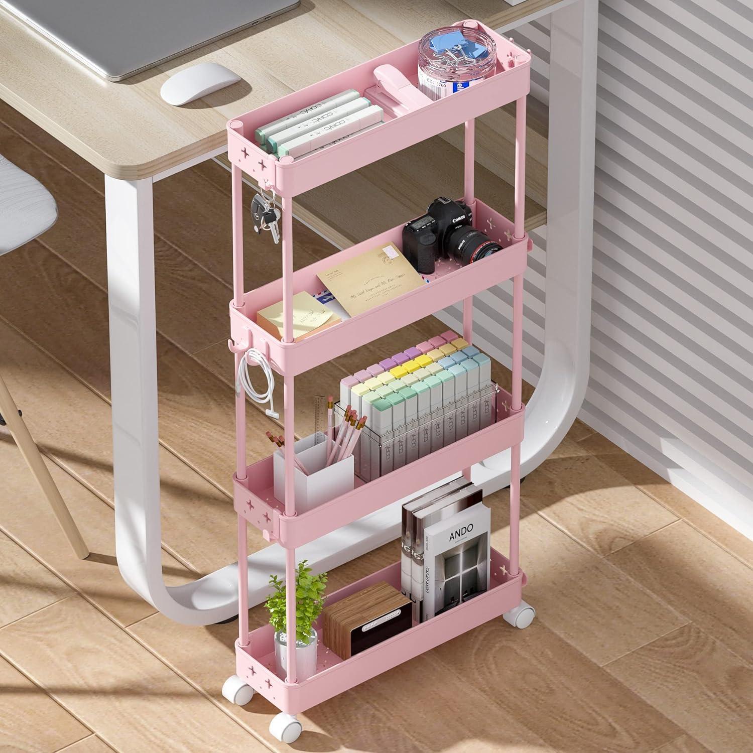 Slim Rolling Storage Cart 4 Tier Bathroom Organizer Utility Cart Mobile Shelving Unit Tower Rack for Kitchen, Laundry Room, Bathroom, Narrow Places, Pink