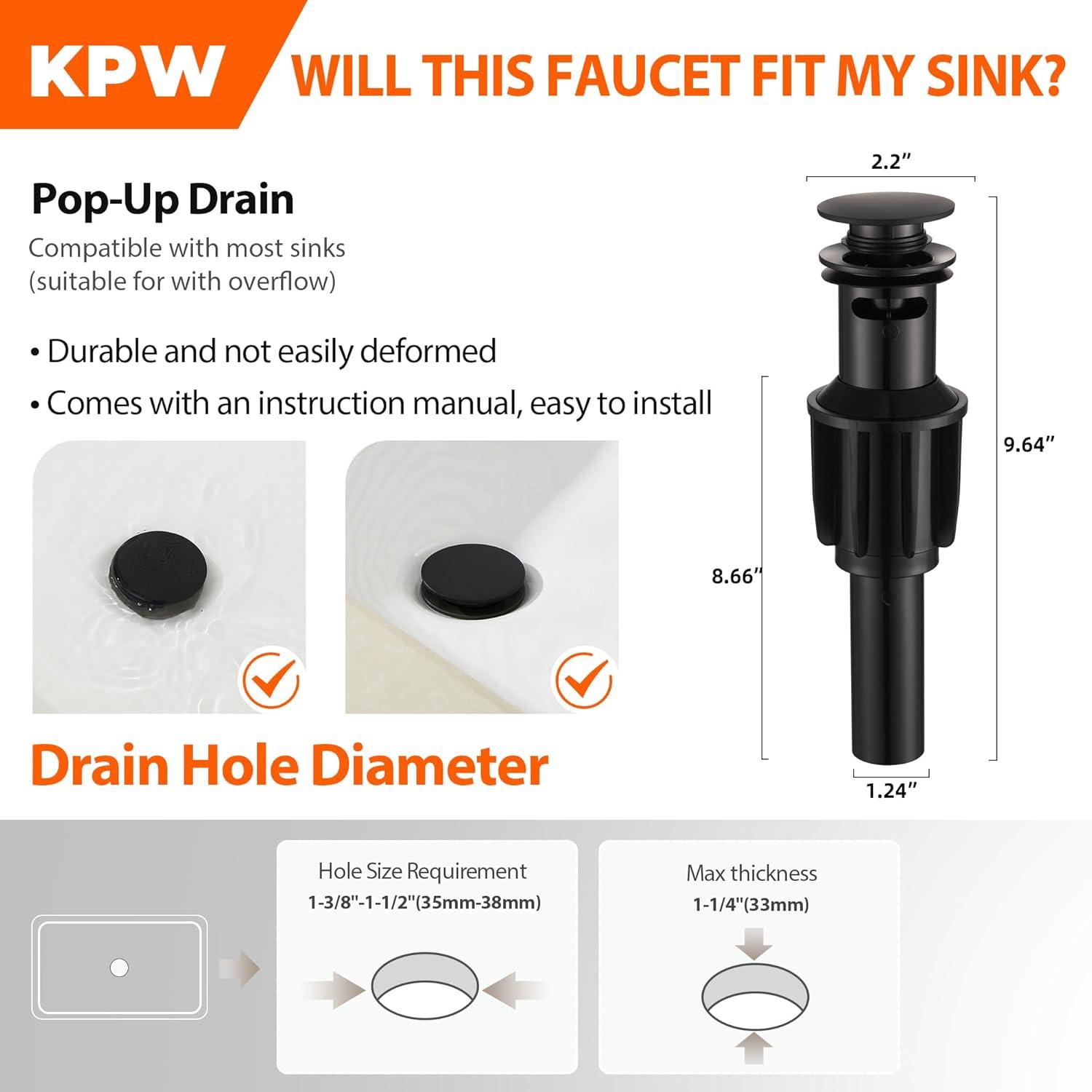 Bathroom Sink Faucet One Hole,Lavatory Tap for Basin,Matte Black Bathroom Sink Faucet with Metal Pop Up Drain Assembly， Bathroom Faucet 1 Hole with 3 Hole Deck Plate