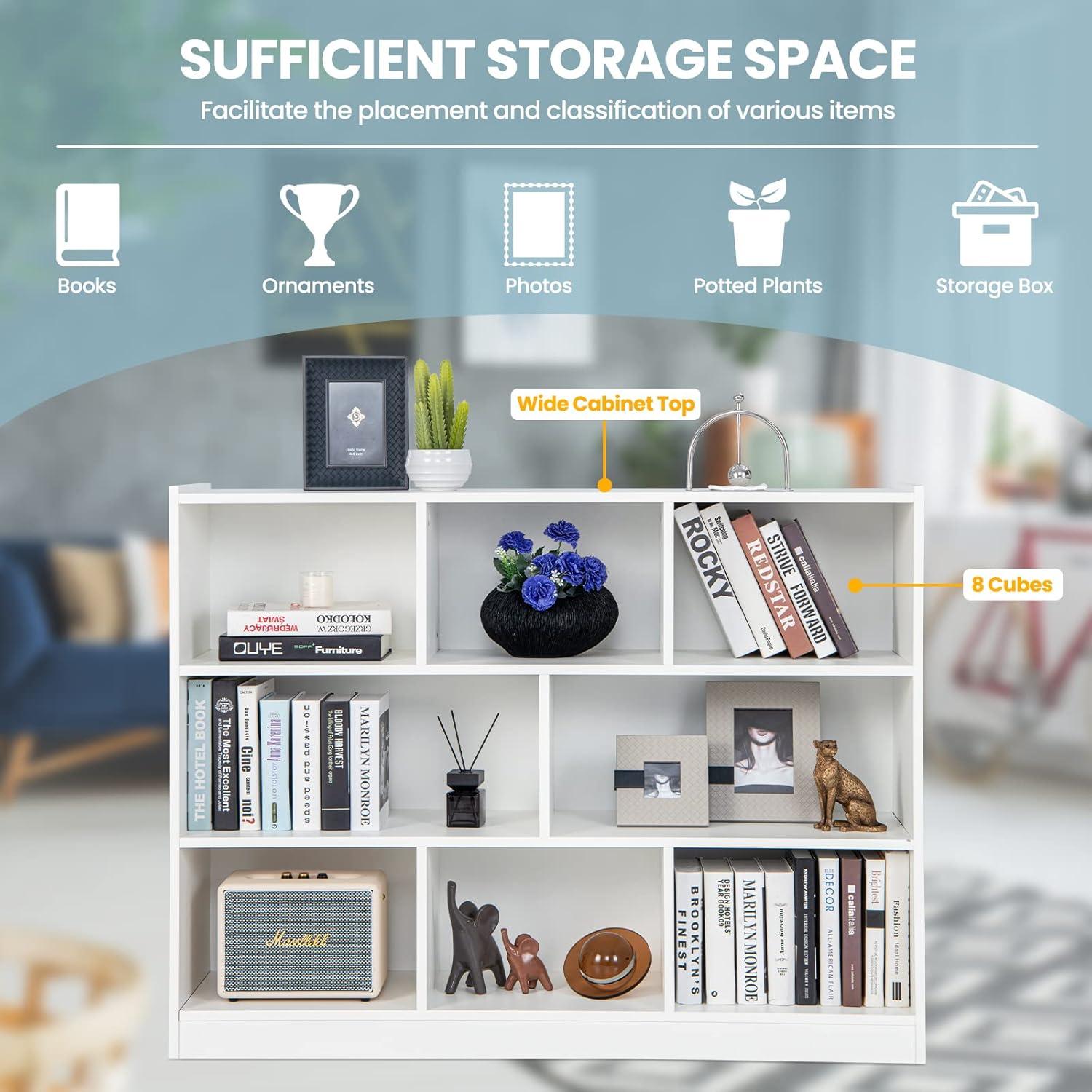 Giantex 8 Cube Bookcase, Freestanding 3-Tier Open Bookshelf, Modern Storage Display Cabinet, Wood Cube Storage Organizer for Living Room, Kid’s Room, White