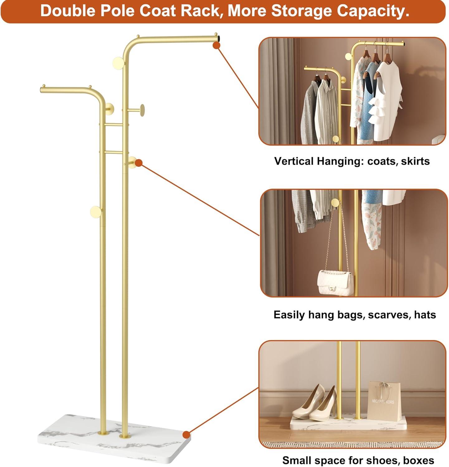 Gold Freestanding Metal Coat Rack with Marble Base and 5 Hooks