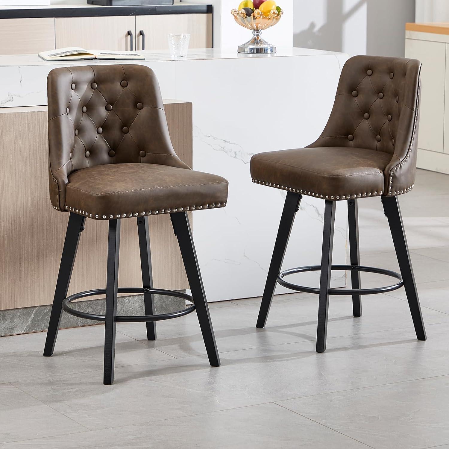 Counter Bar Stools Set of 2, Modern Swivel Bar Stools with Back and Wood Legs, 26" H Upholstered Bar Chair for Kitchen Island Home Bar, Leather Brown