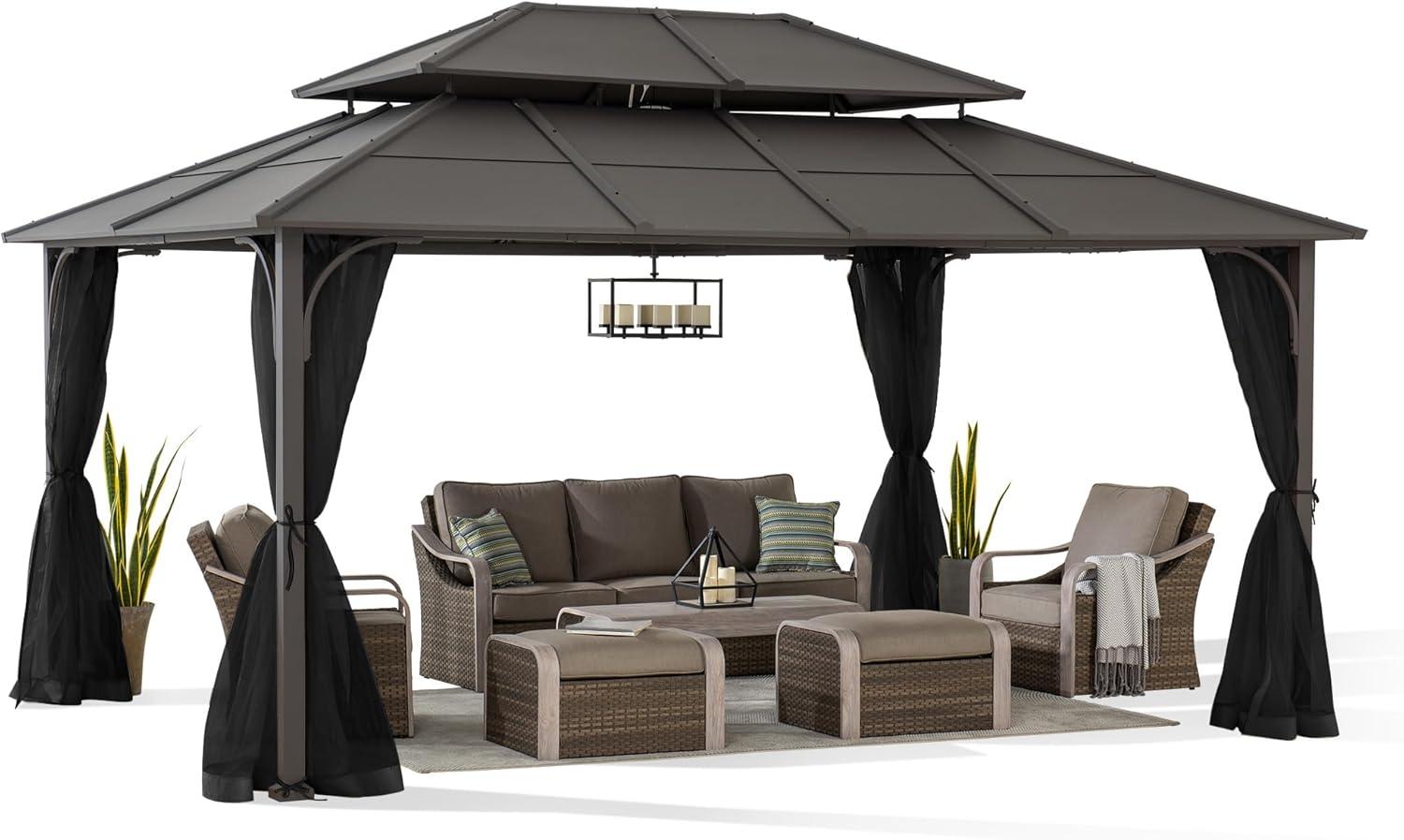 Sunjoy Hardtop Gazebo 12 x 16 ft. Outdoor Gazebo, Heavy Duty Steel Frame Gazebo, Double Tiered Metal Gazebo with Ceiling Hook and Removable Netting Sidewalls