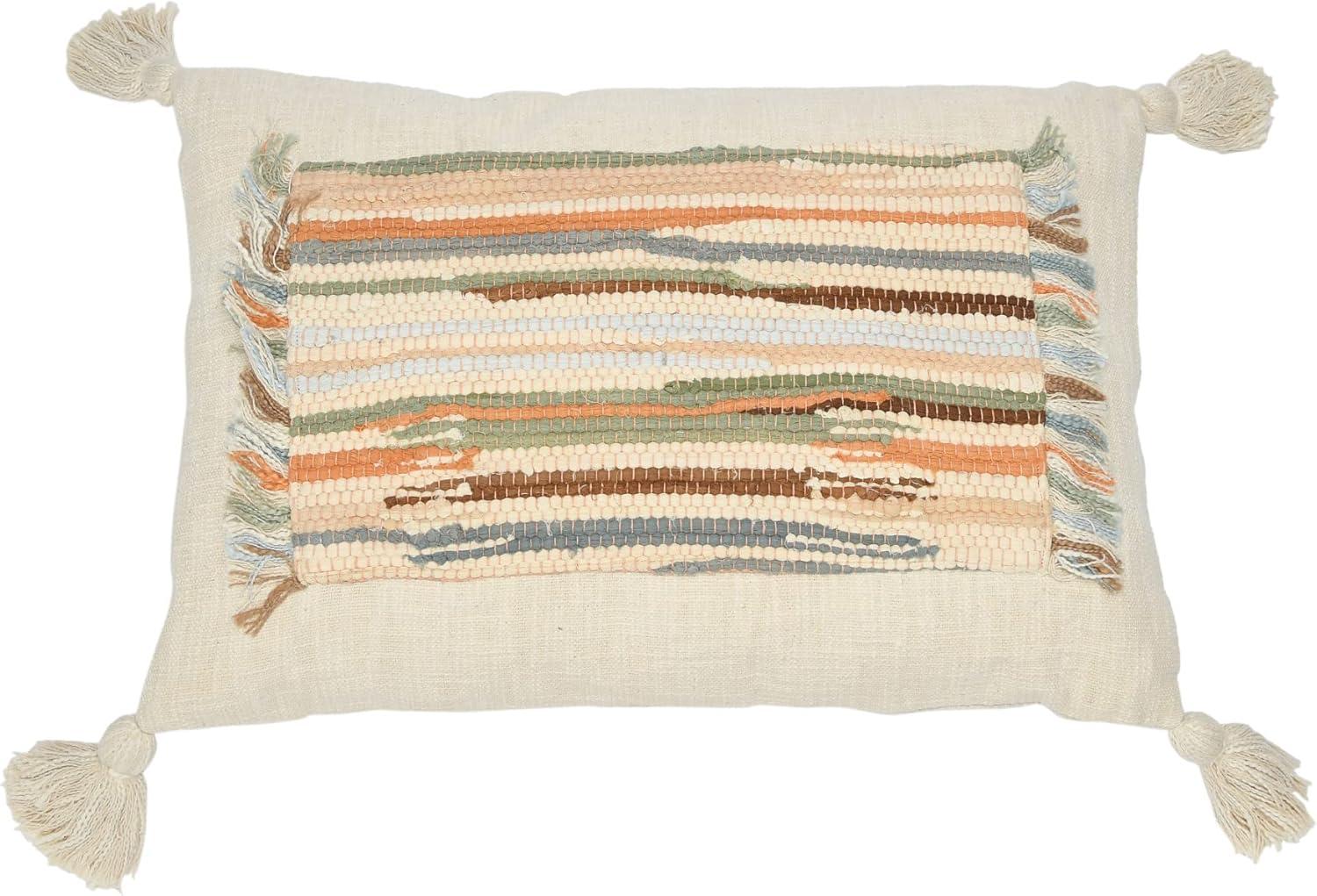 Multicolor Woven Cotton Slub Lumbar Pillow with Applique and Tassels