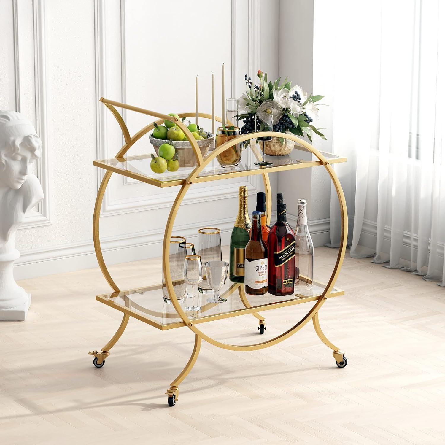 Gold Round Metal and Glass 2-Tier Bar Cart