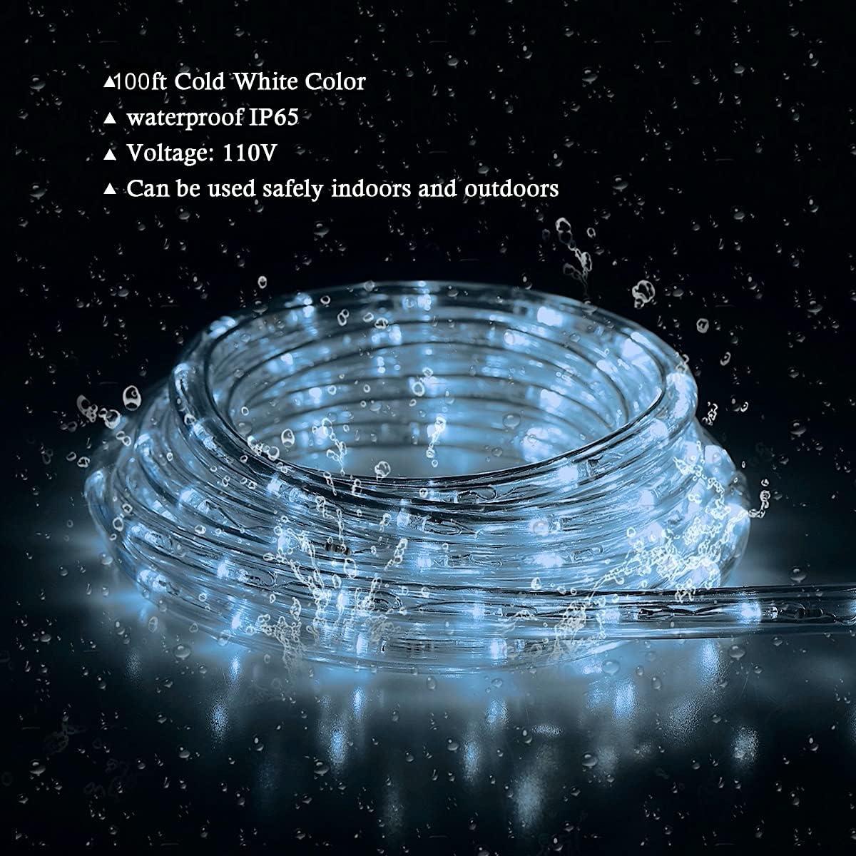 100ft Warm White LED Rope Lights for Outdoor Christmas