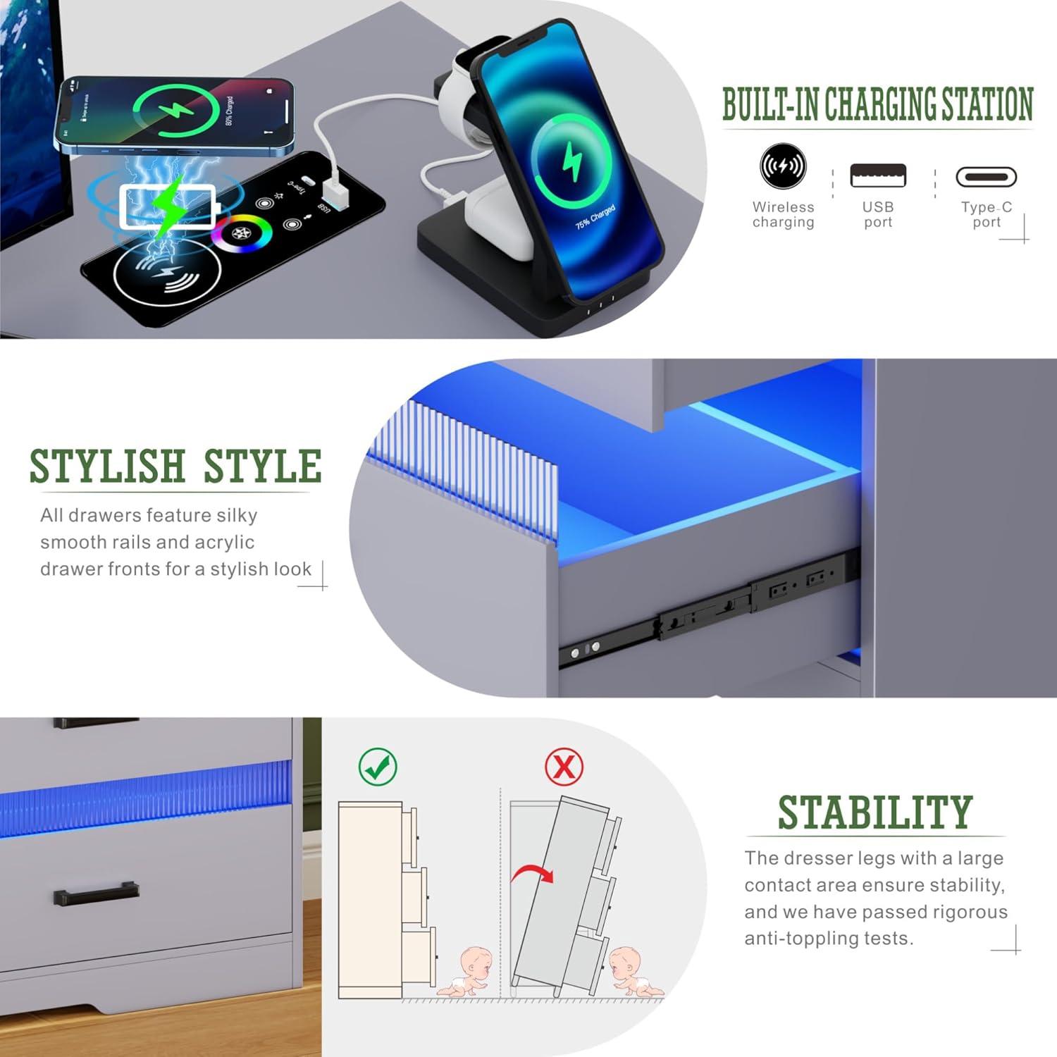 Gray Modern 6-Drawer Dresser with LED Lights and Charging Station