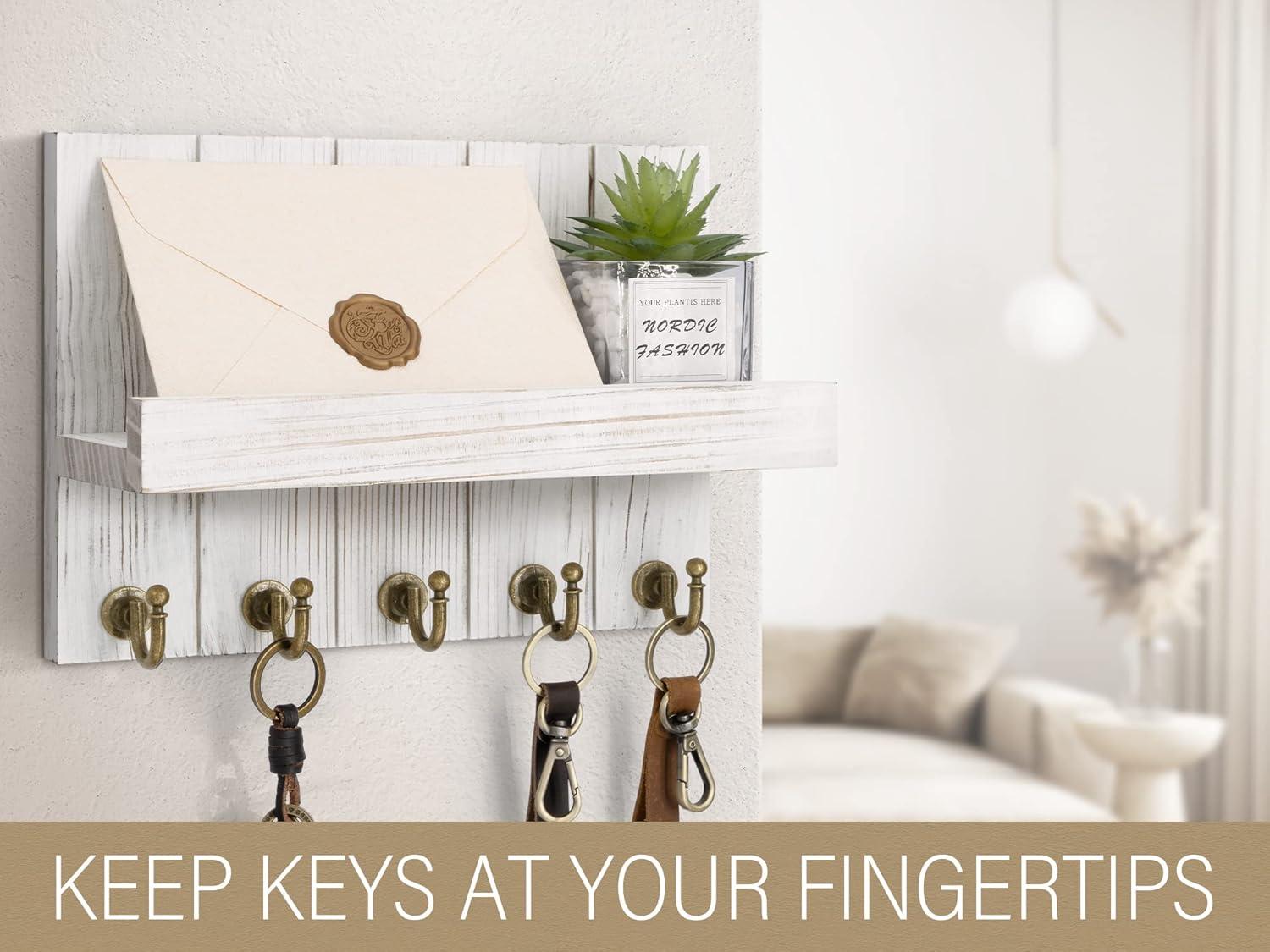 Rebee Vision Key Holder Wall Mount - Decorative Key and Mail Organizer for Wall with Shelf - Entryway and Living Room Decor(White)