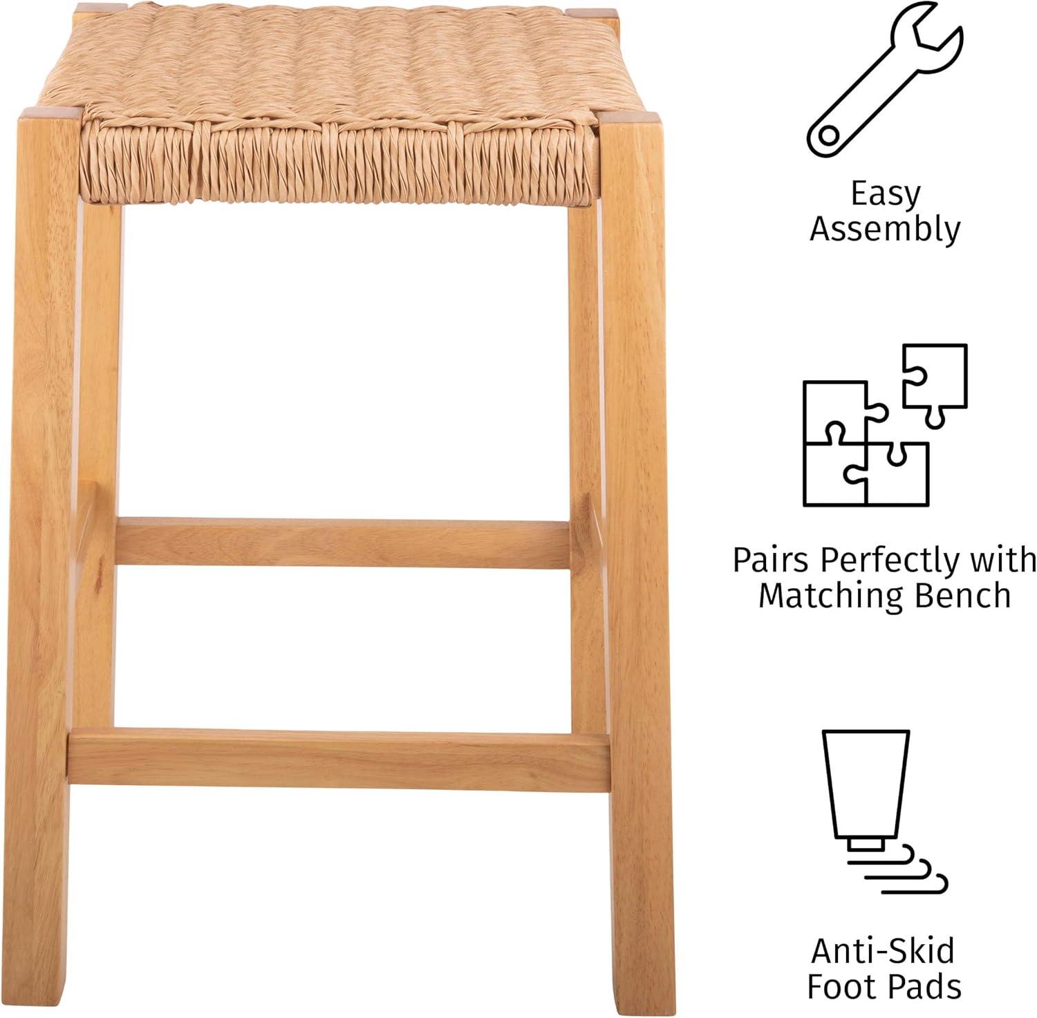 Natural Wood Backless Counter Stool with Woven Seagrass Seat