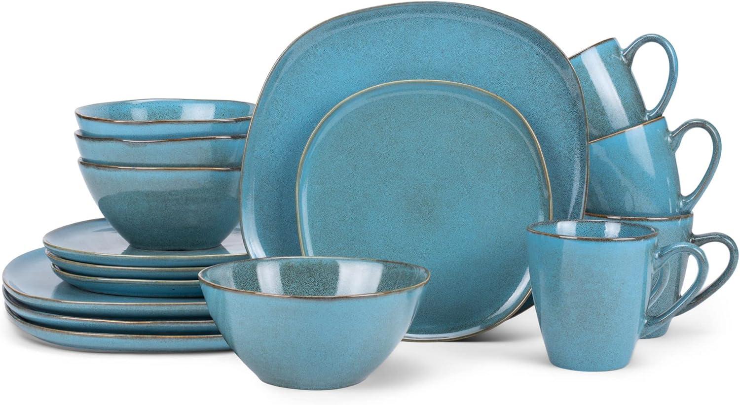 Turquoise Glazed Ceramic Square Dinnerware Set, Service for 4