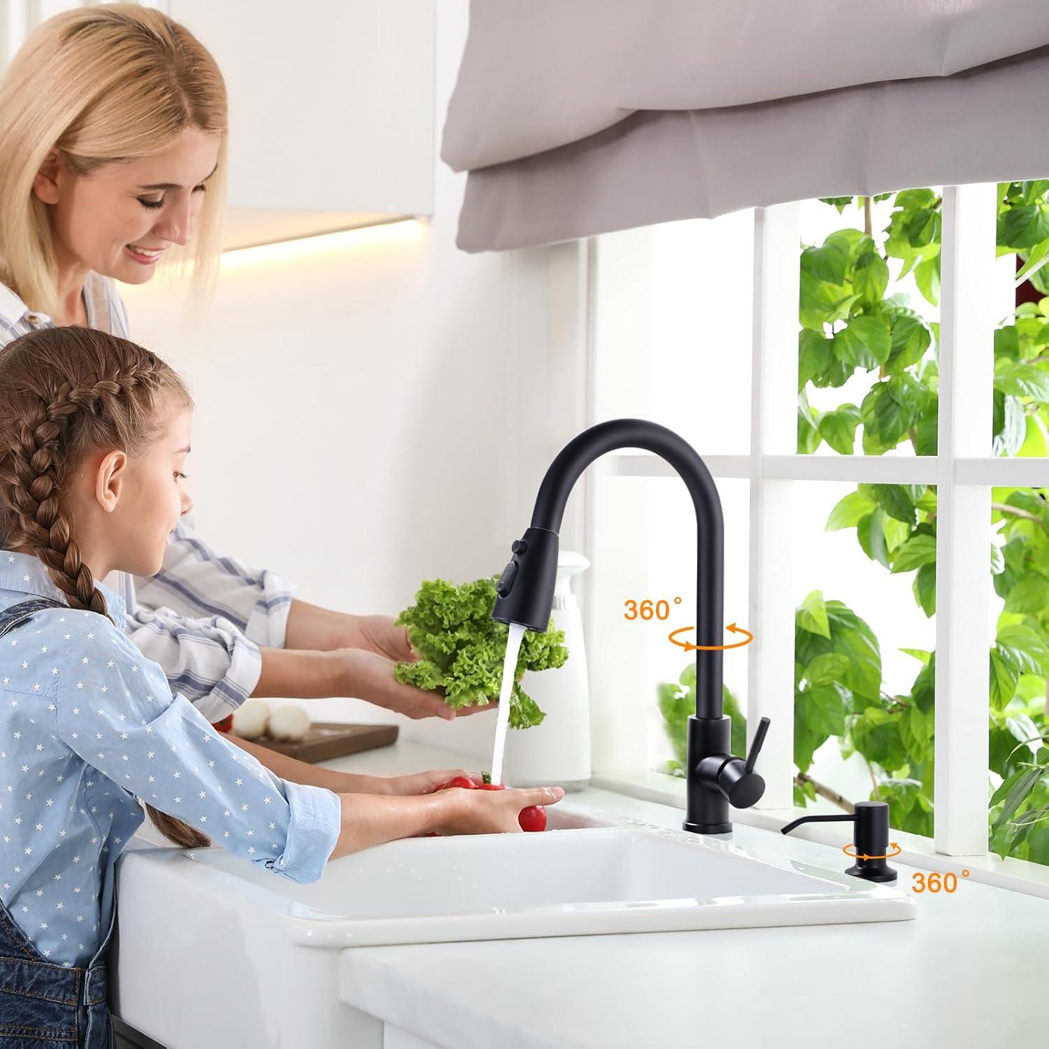 WOWOW Pull Down Kitchen Sink Faucet with Sprayer Stainless Steel Black 1 Handle Kitchen Faucets