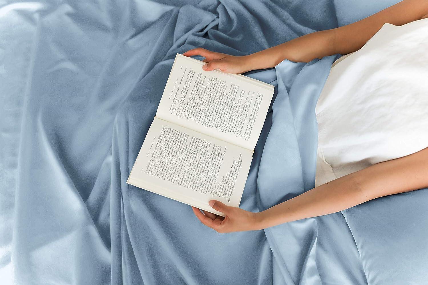 CGK Linens 100% Cotton 400 Thread Count 4 Piece Sheet Set - Soft & Cozy Sateen Bed Sheets in Light Blue, Size Queen