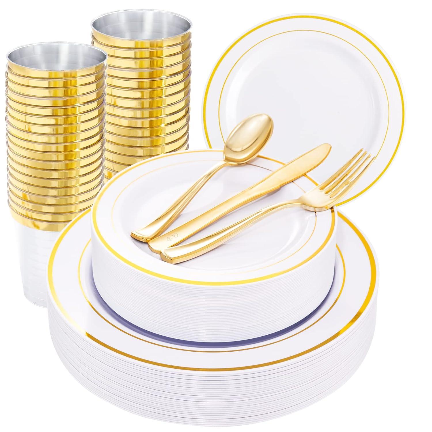 WELLIFE 150 Pcs Gold Plastic Plates, Plastic Dinnerware Set Includes: 25 Dinner plates 10.25", 25 Dessert plates 7.5", 25 gold Cups 9OZ and 25 gold Cutlery for Party