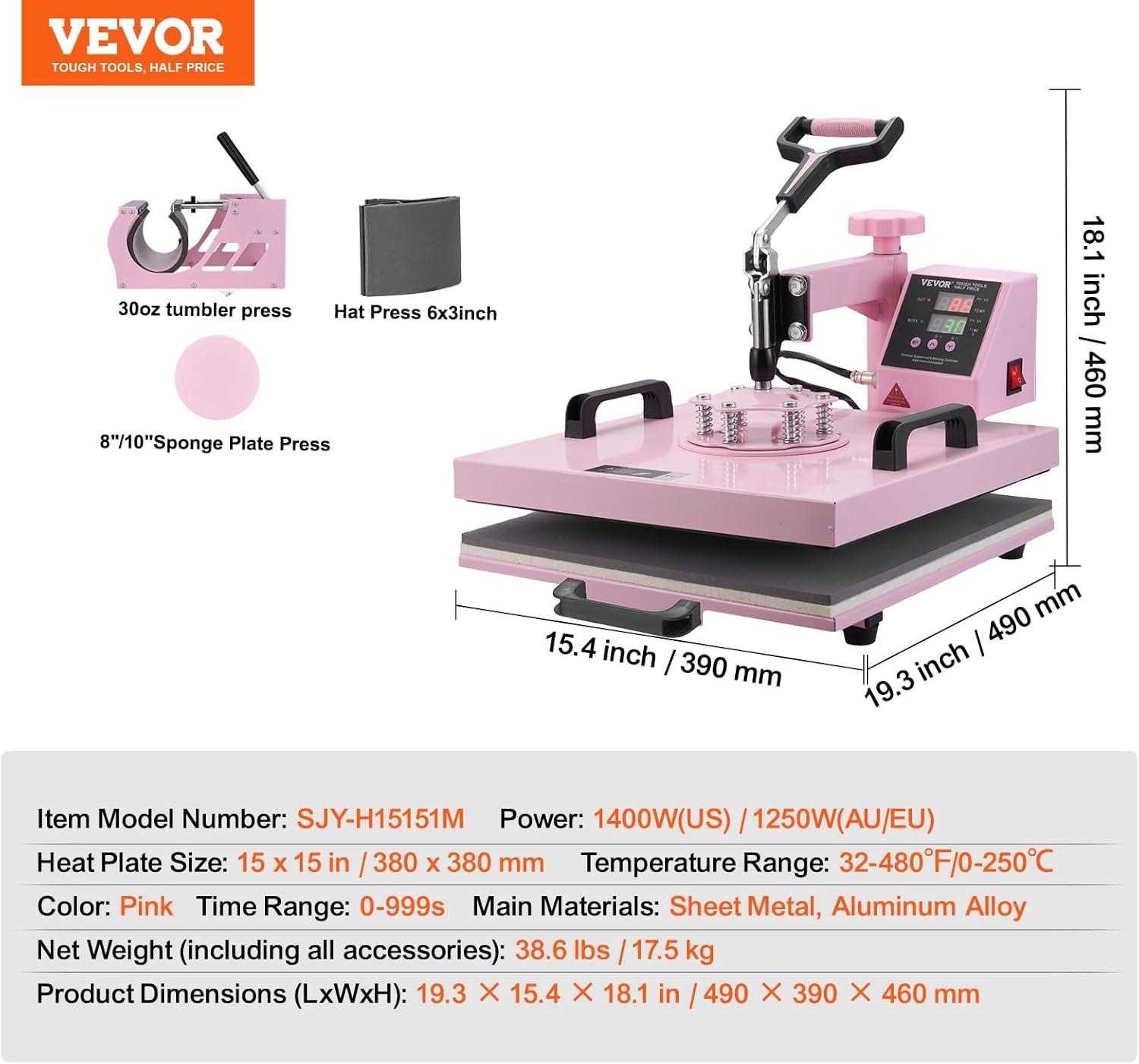 VEVOR Heat Press Machine 15x15 inch, Heat Press Machine for T-Shirts, 5 in 1 Heat Press with 30 OZ Tumbler Press, Combo Tumbler Heat Press Machine Sublimation for Hat Cap Mug Plate, Pink