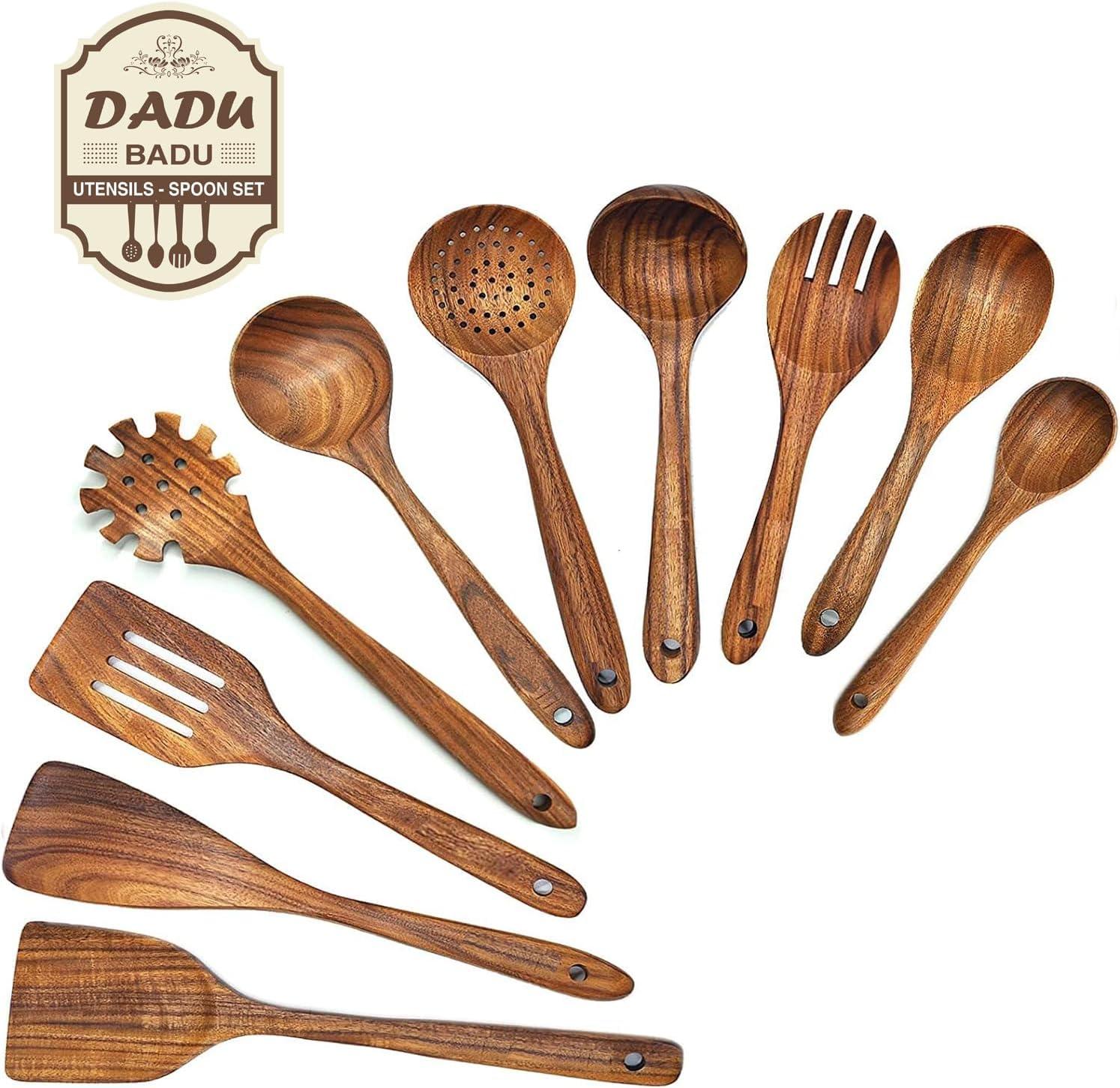 Wooden Spoons for Cooking, 10 Pcs Teak Wood Cooking Utensil Set ‚ Wooden Kitchen Utensils for Nonstick Pans & Cookware ‚ Sturdy, Lightweight & Heat Resistant