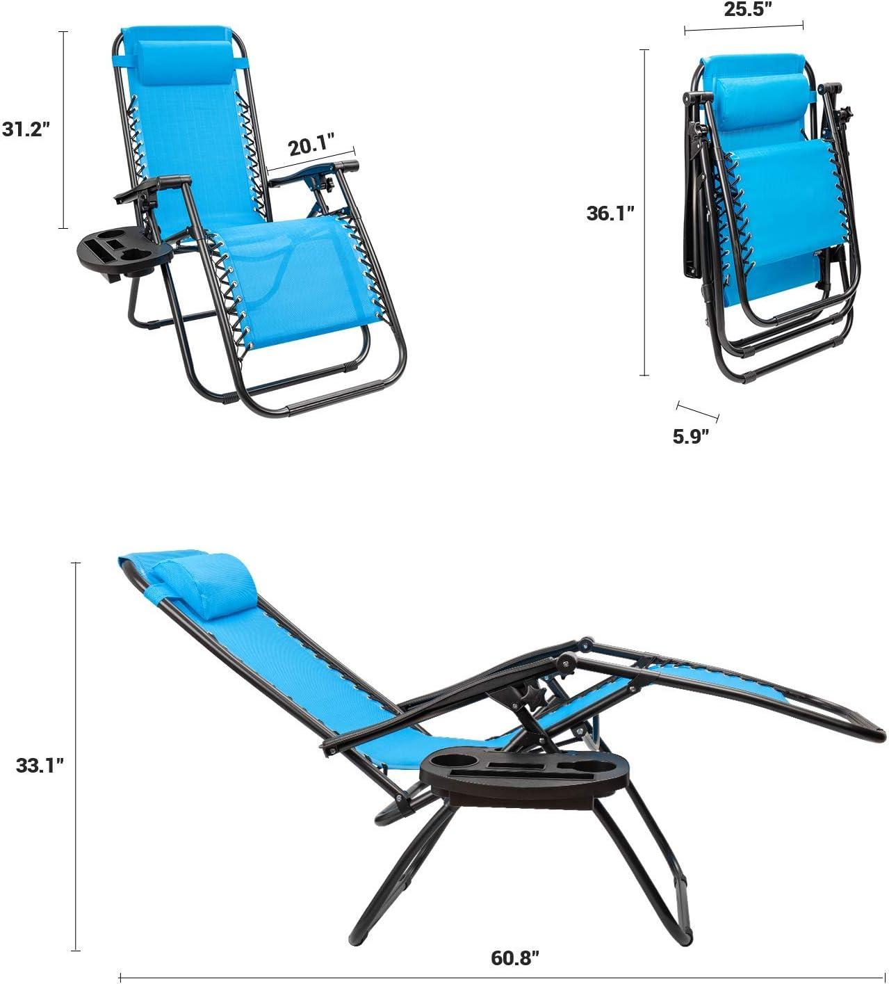 Blue Adjustable Zero Gravity Outdoor Lounge Chairs with Cushions, Set of 2