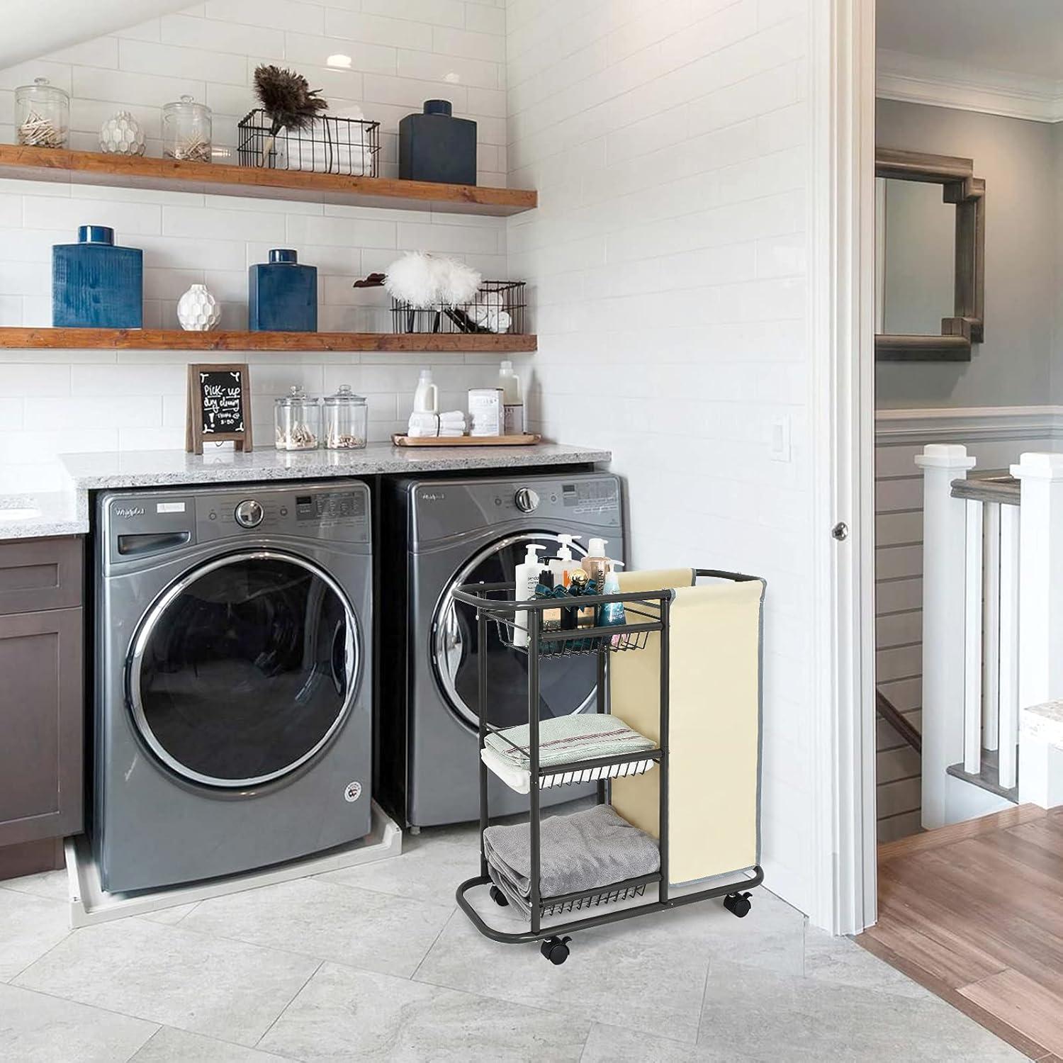 Gray Metal Frame Laundry Sorter with Beige Bag and Shelves