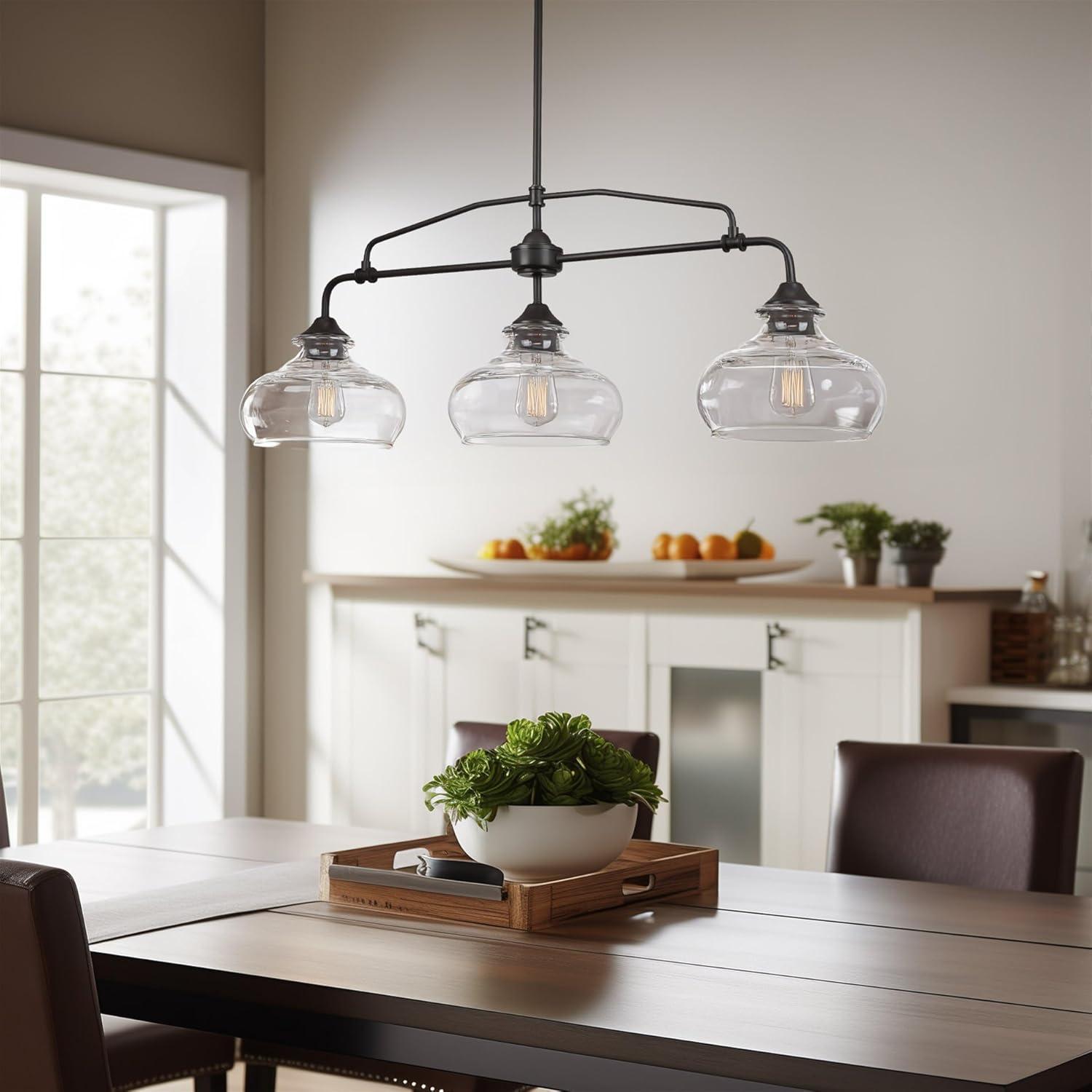 Harlow 38" Oil-Rubbed Bronze Modern Industrial Farmhouse Kitchen Island Light with Clear Glass Shades