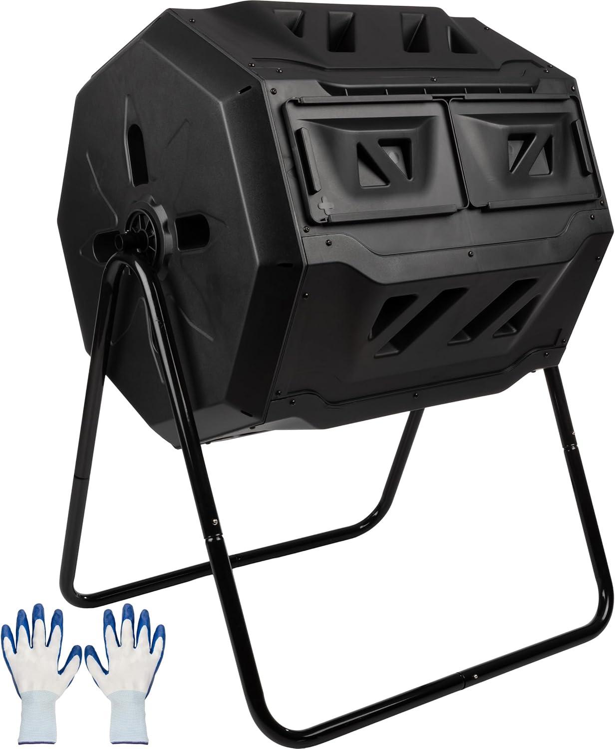 Pure Garden Compost Tumbler - 43Gal Compost Bin with Dual Chambers, 360-Degree Rotating Design, and Garden Gloves Included - Homesteading Supplies