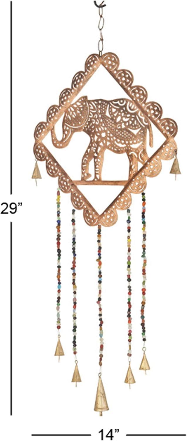 DecMode 29" Gold Metal Elephant Windchime with Glass Beads and Cone Bells