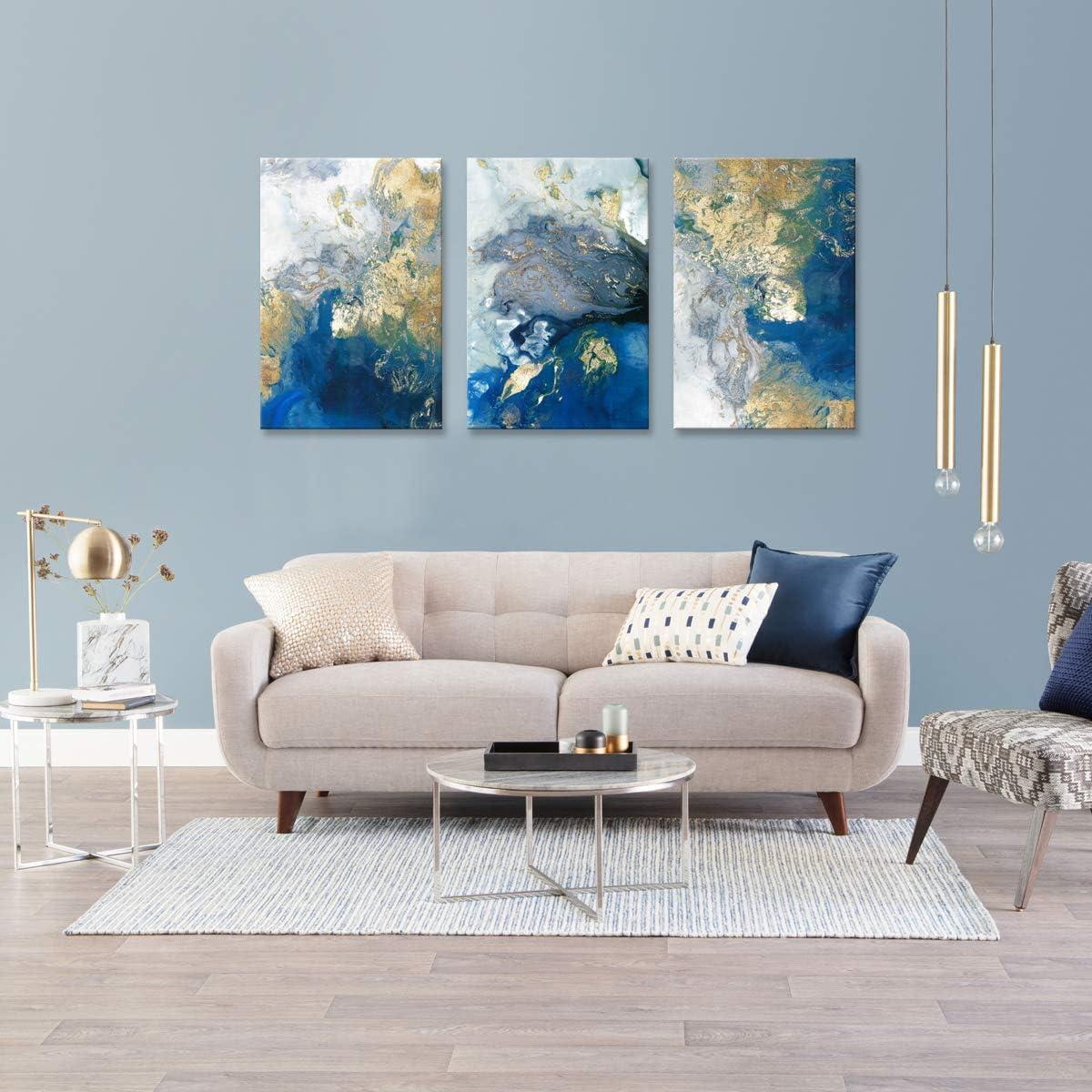 Ocean Abstract Canvas Art Blue Picture Gold Teal Painting Crashing Waves Artwork 3 Piece Wall Decor for Bedroom Ready to Hang 16x24in x3