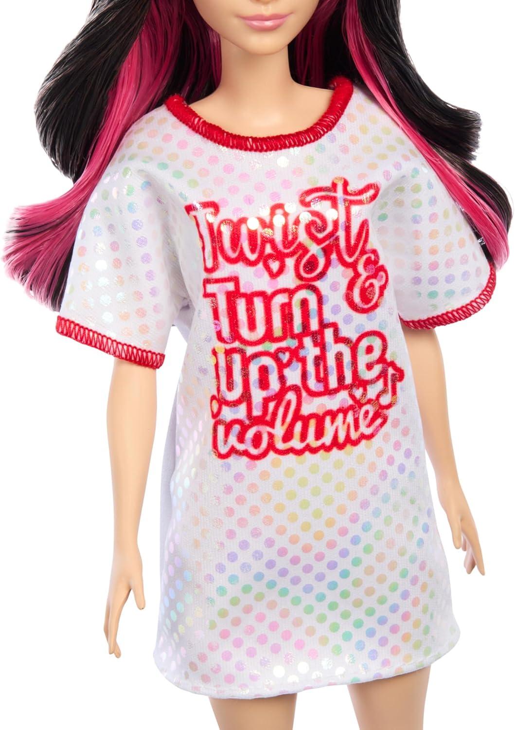 Barbie Fashionistas Doll #214, Black Wavy Hair with Twist ‘n’ Turn Dress & Accessories, 65th Anniversary Collectible Fashion Doll