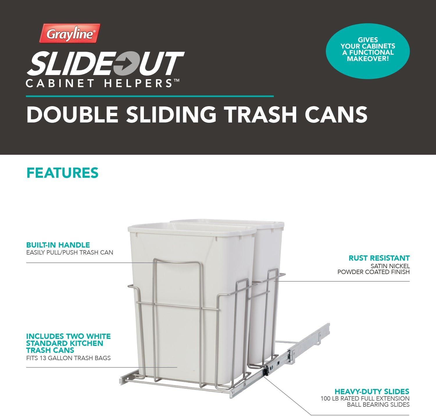 White Plastic Double Trash Can Slide-Out with Satin Nickel Frame