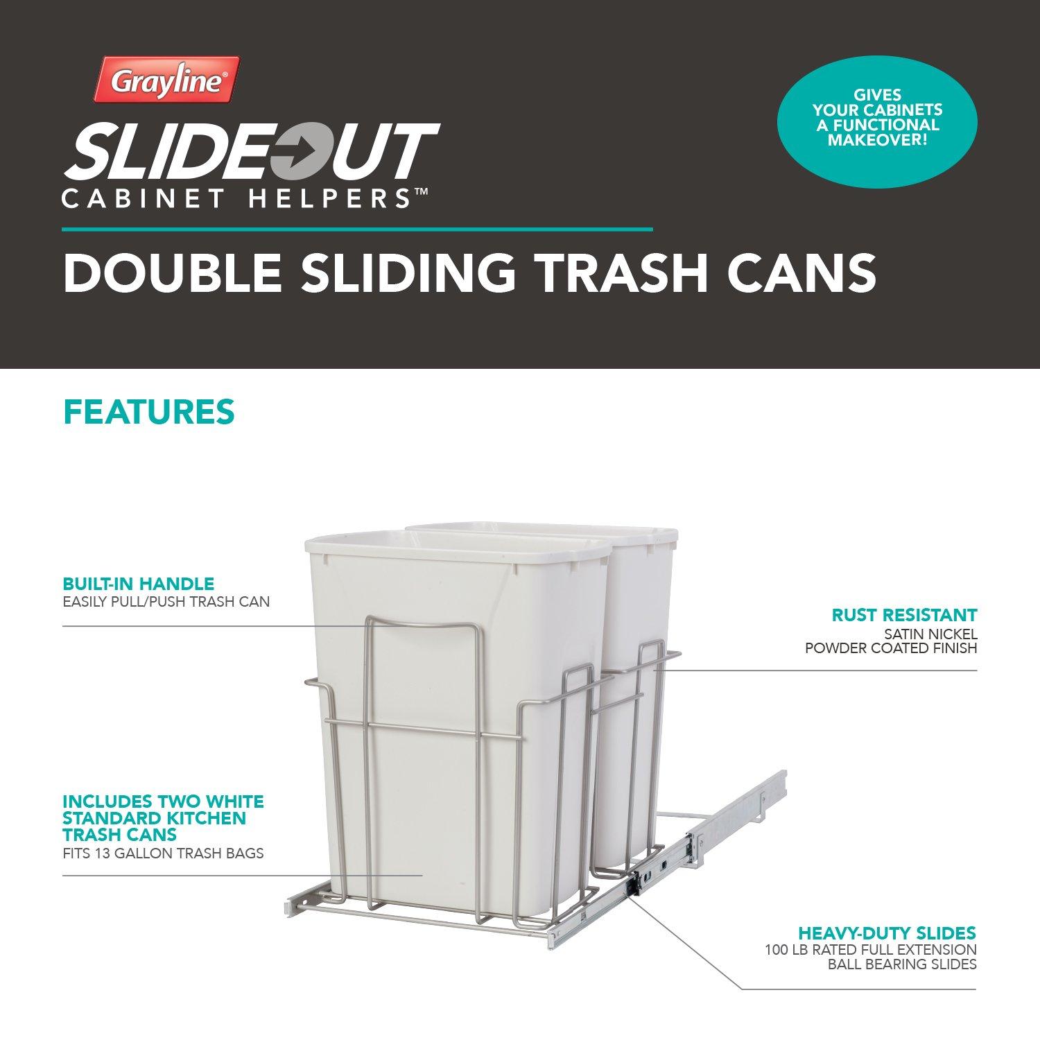 White Plastic Double Trash Can Slide-Out with Satin Nickel Frame