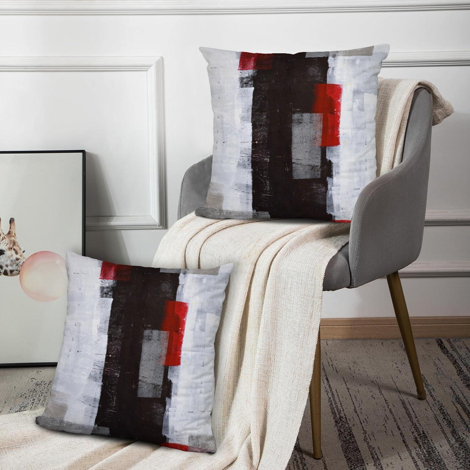 Red and Grey Pillow Cover, Modern Black White Decorative Throw Pillow Cushion Cover for Bedroom Sofa Living Room 16 x 16 Inch Set of 2