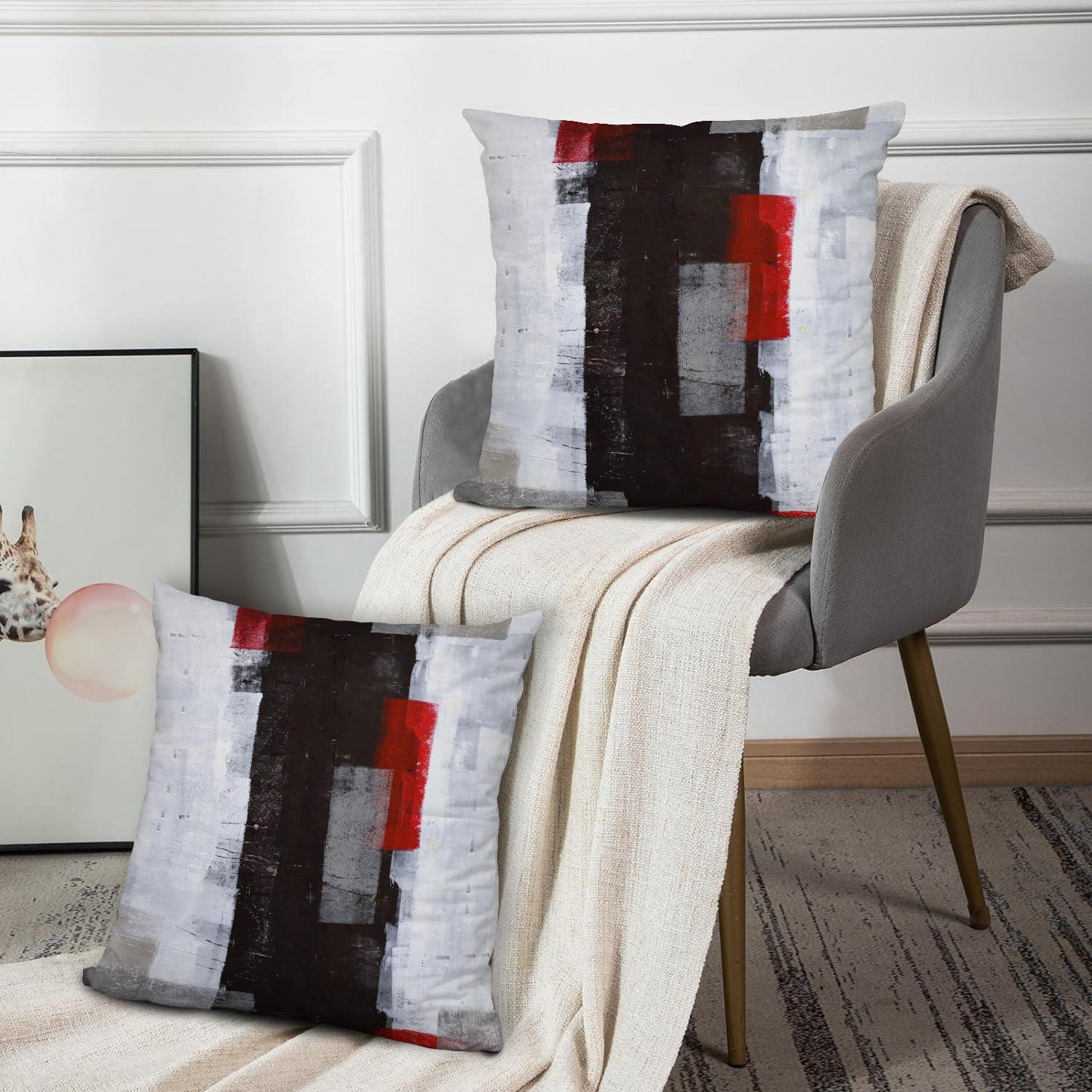 Modern Red and Grey Cotton Polyester 16" Pillow Cover Set