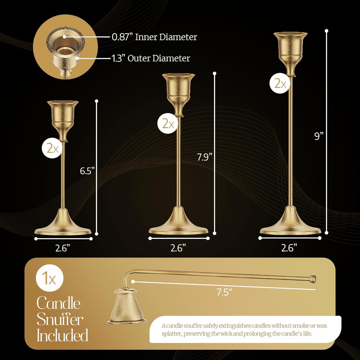 Candleholders For Taper Candlesticks Plus Candle Snuffer – Dining Table Décor Centrepiece - Brass Candelabra Candlestick Holder -  Décor For Home Weddings Celebrations Events (Set Of 6 Pcs)