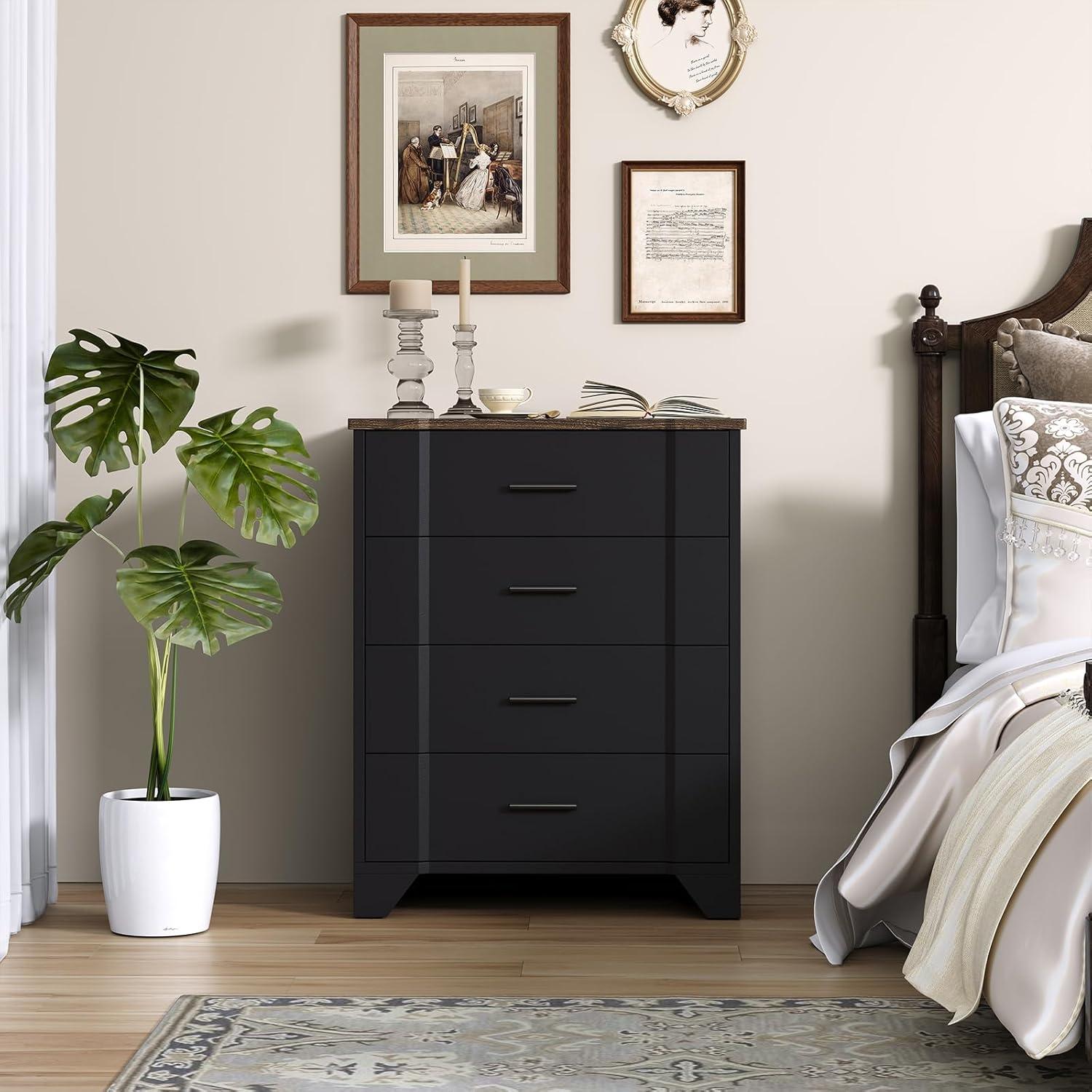 Ebern Designs Farmhouse Cherry Red Curved Tall 4 Drawers Dresser for Bedroom, 4 Chest of Drawers for Closet