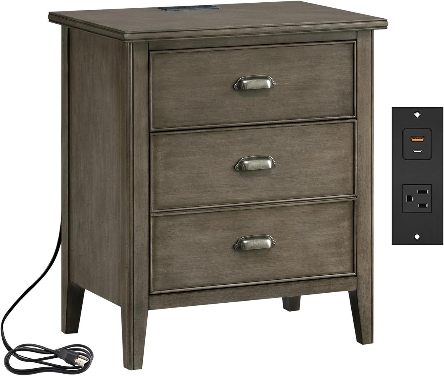 Leick Home 10522-GR Laurent Nightstand with Top Drawer, Behind Door Storage with USB-C Fast Charging Station AC/USB Charger, Smoke Gray Wash