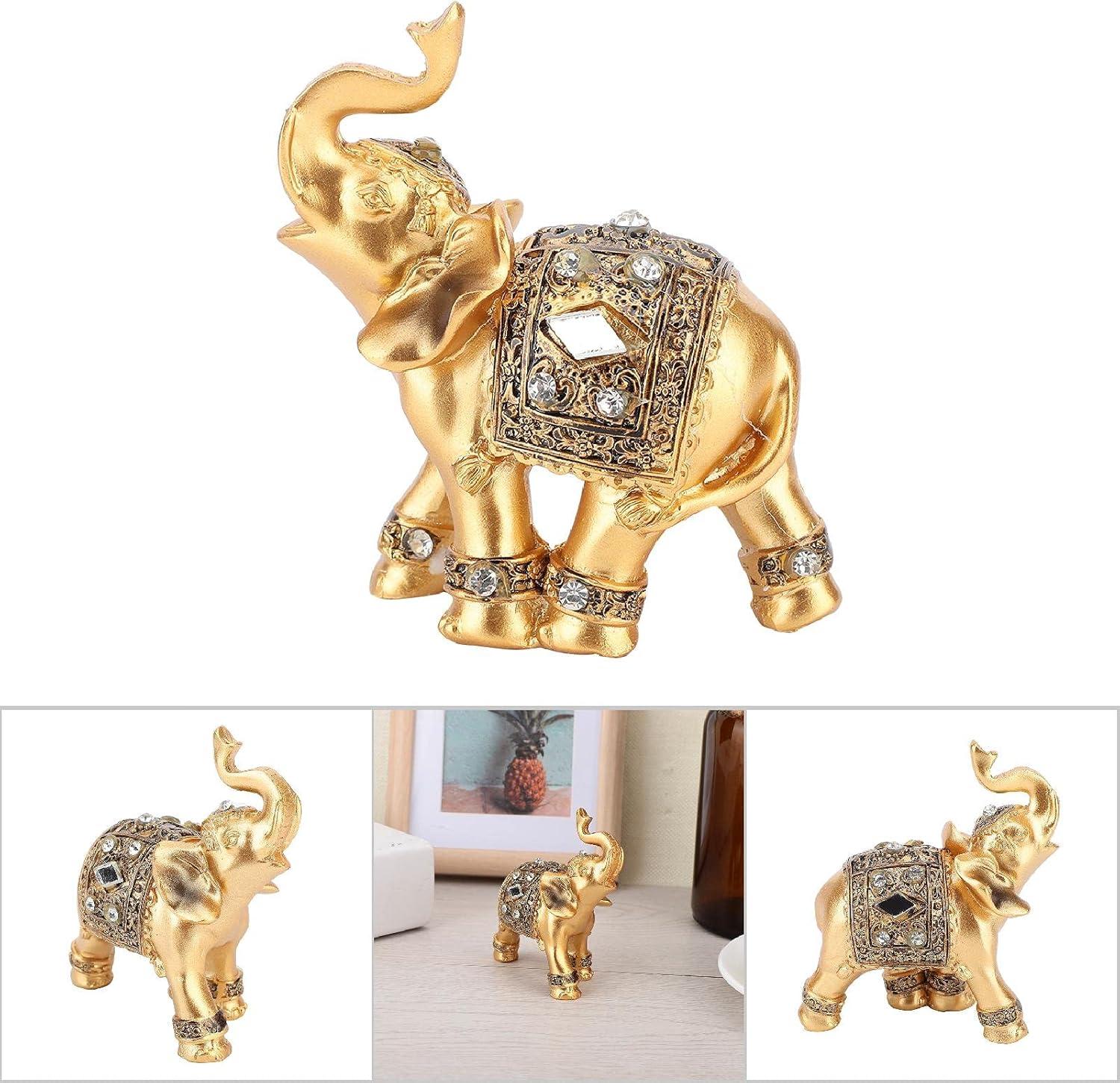 Golden Resin Feng Shui Elephant Statue Pair with Jewel Accents