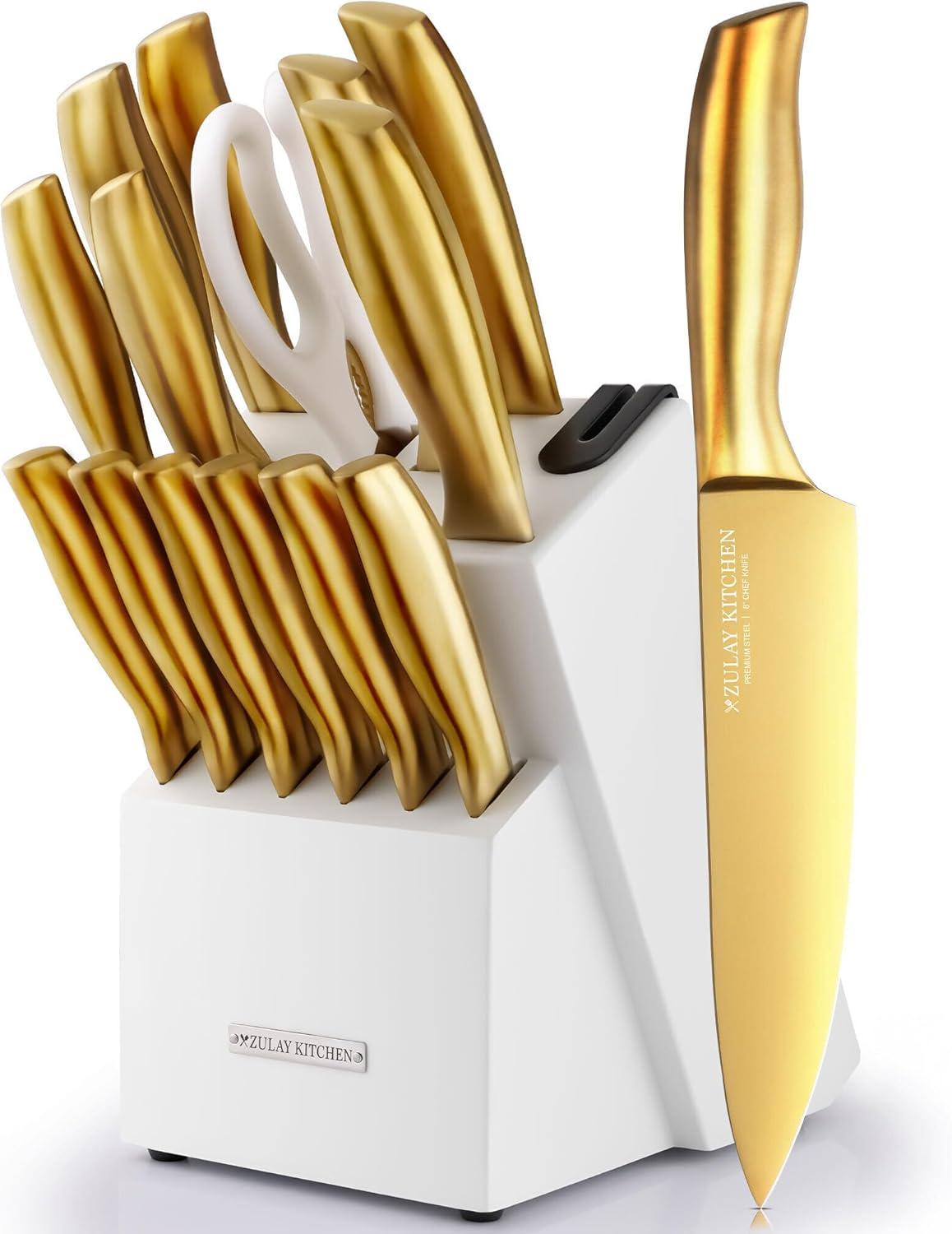 Gold and White 15-Piece Stainless Steel Knife Set with Block