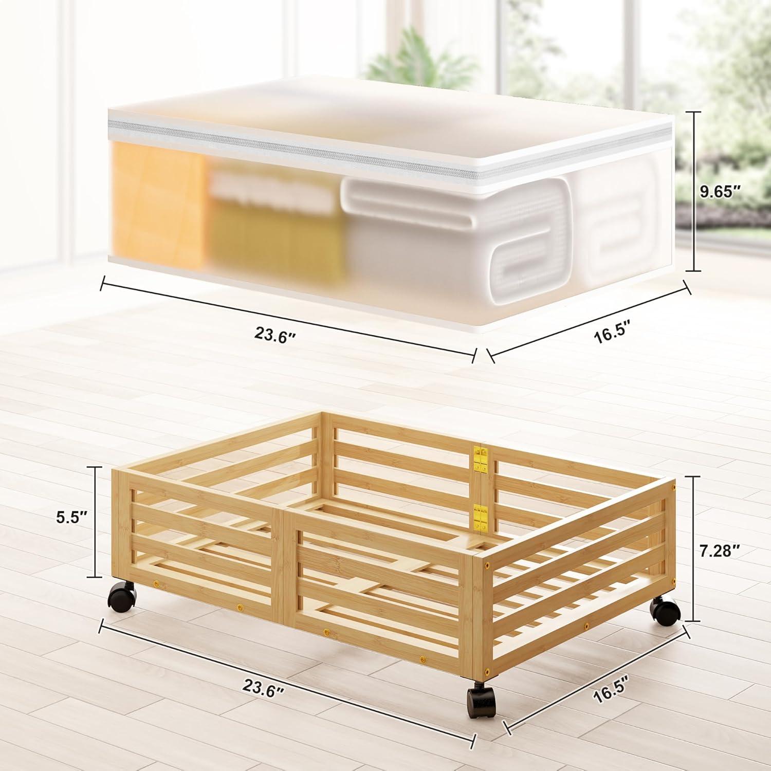 Bamboo Under Bed Storage Containers- Underbed Organizer with Wheels with Large Dust Bag,Sturdy Wood Rolling Under the Bed Shoe Storage Organizer Drawer 2 Packs (Walnut, Small)