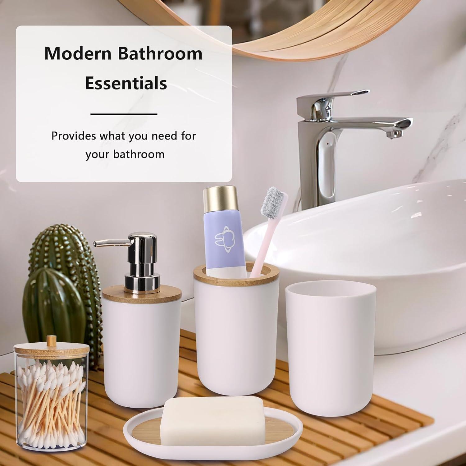 White Plastic 9-Piece Bathroom Accessory Set with Bamboo Accents