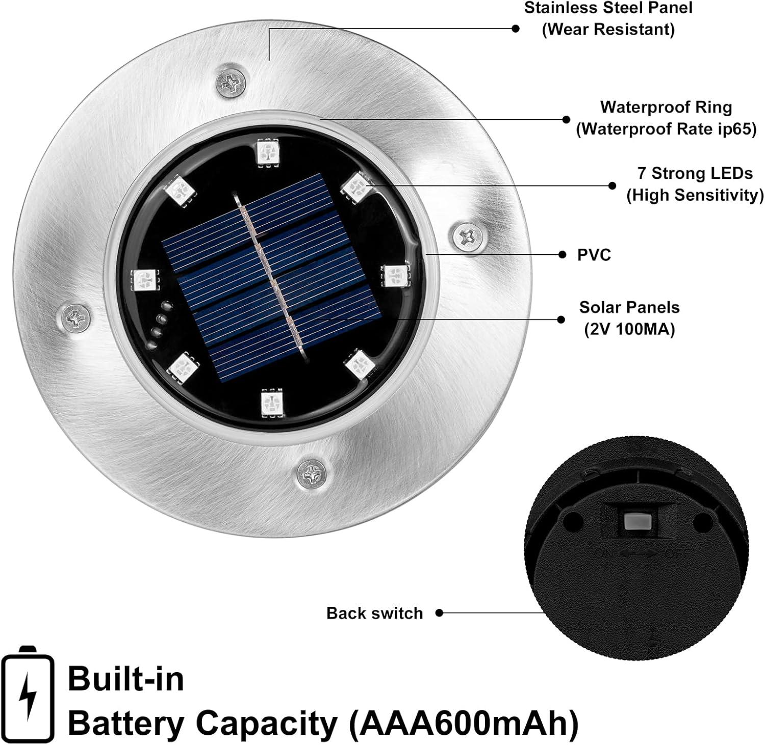 8 LED Solar Disk Pathway Lights in Silver Multipack