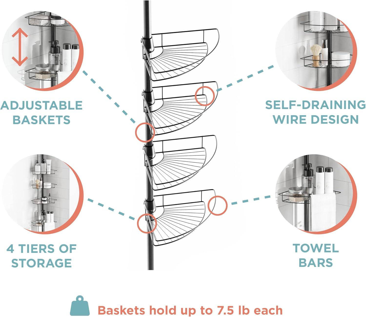 Matte Black Adjustable Tension Pole Shower Caddy with Shelves