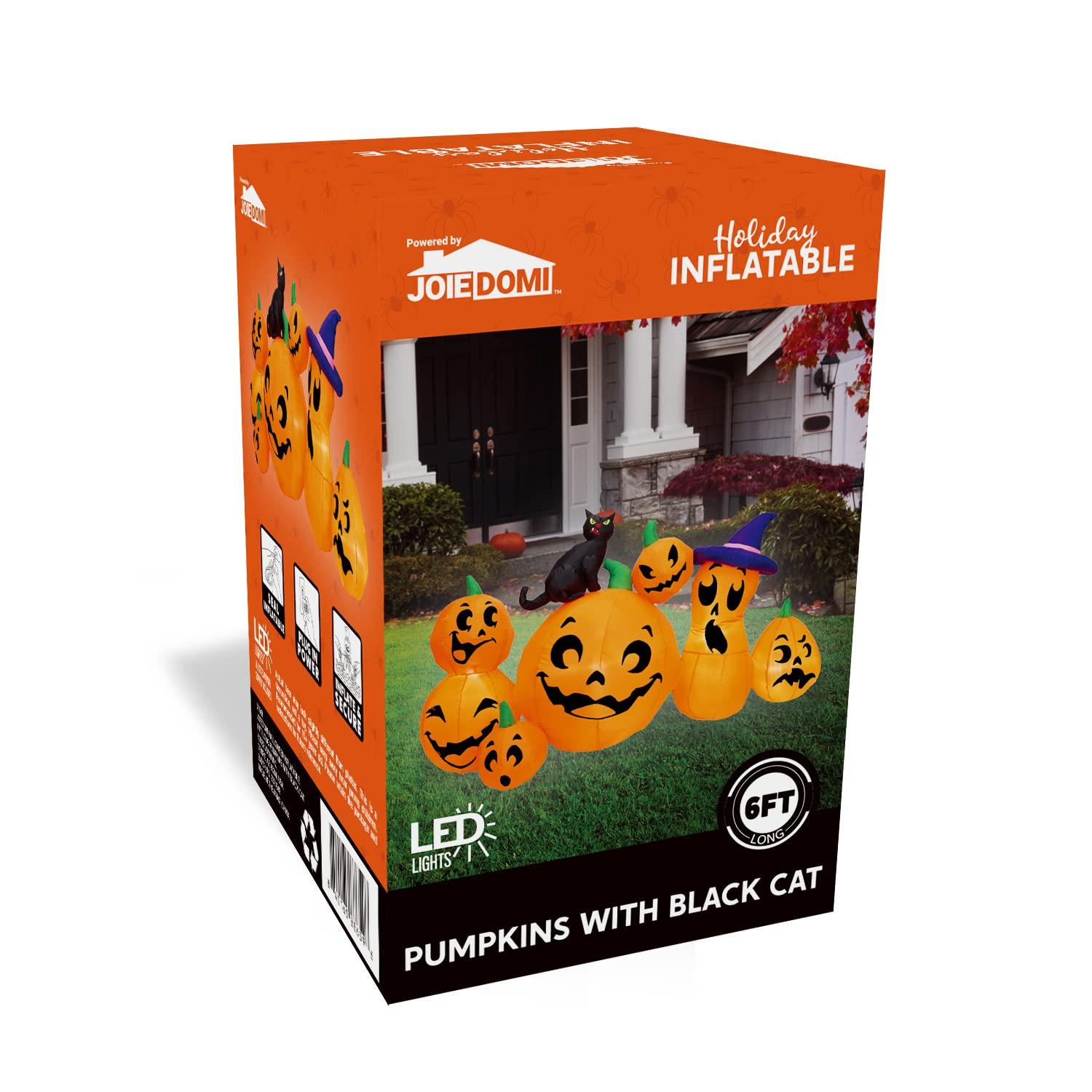 Joyfy 6 FT Halloween Inflatable Long Pumpkin with Witch's Cat Decorations Inflatables with Build-in LEDs,Halloween Decor Outdoor Blow Up Yard Decorations