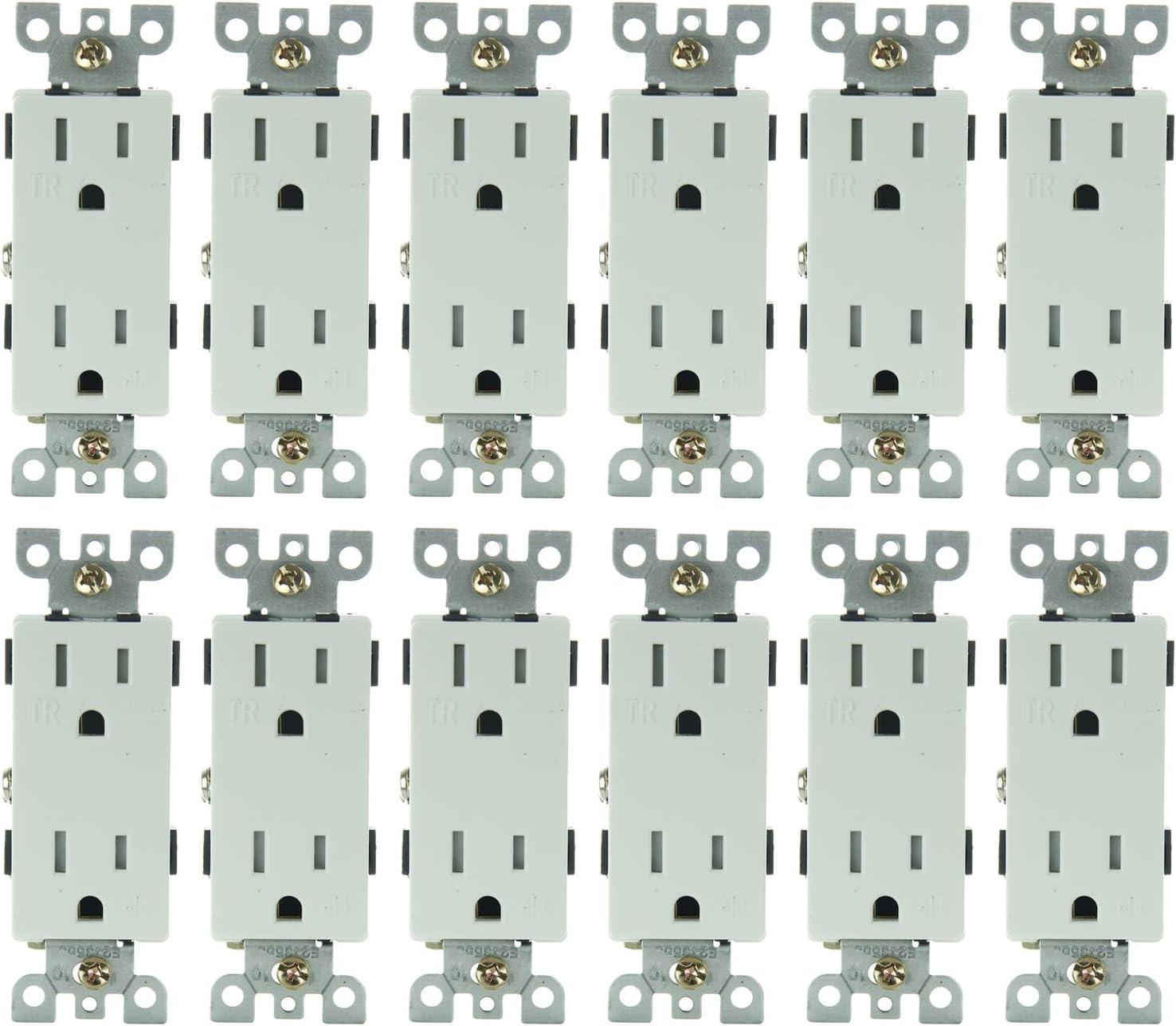 Diodesy- Pack of 12 E559 Decorator Duplex Receptacle Outlet, Tamper Resistant, Electrical Wall Outlet, Residential Grade, Ground Fault Circuit Interrupter, White, 15A, 125V, Self-grounding, UL Listed