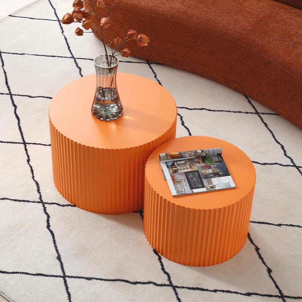 WILLIAMSPACE Nesting Coffee Table Set of 2, Matte Orange Round Wooden Coffee Tables, Modern Luxury Side Tables Accent End Table for Living Room Apartment, 23.62"*23.62"*15.75"H (Orange,Round)