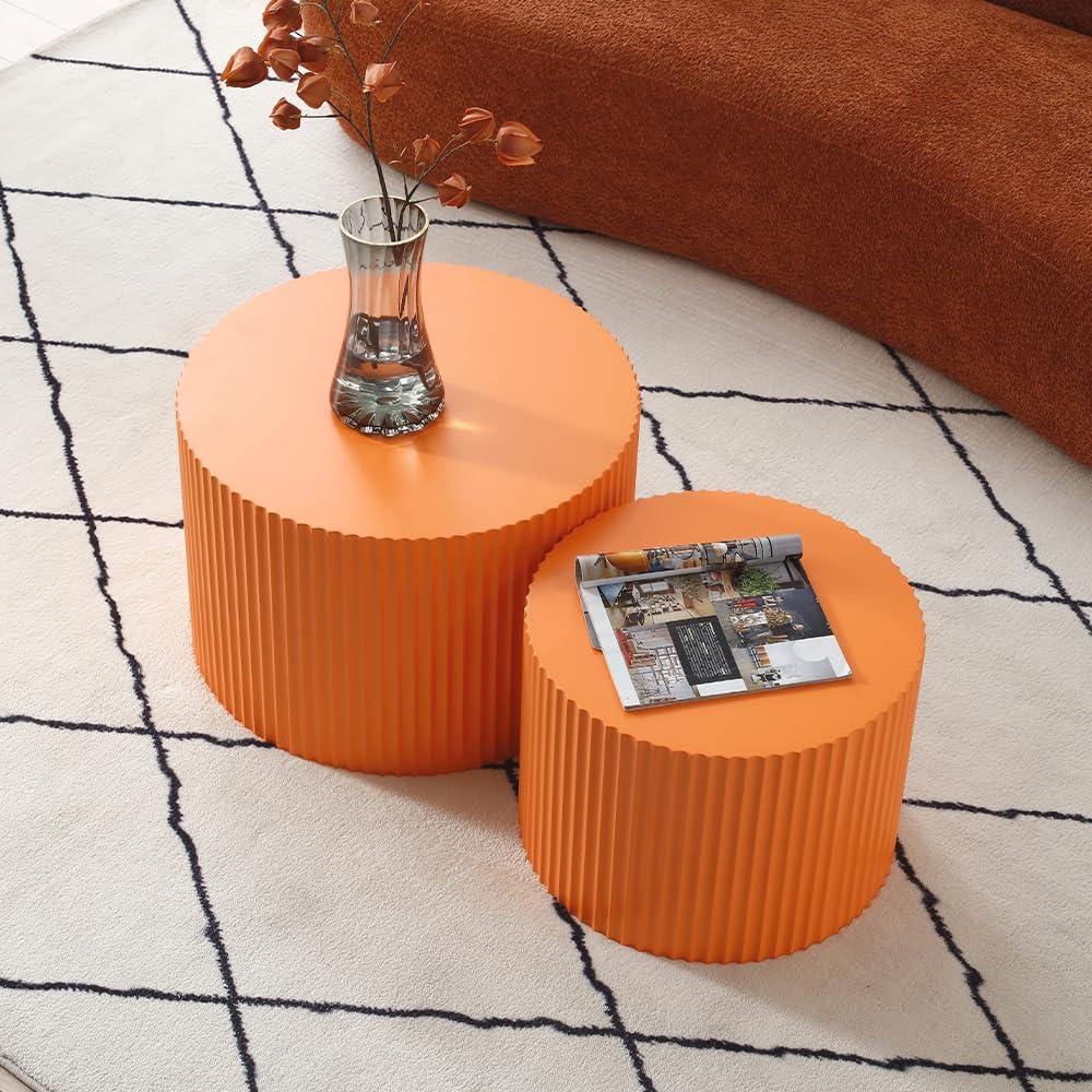 WILLIAMSPACE Nesting Coffee Table Set of 2, Matte Orange Round Wooden Coffee Tables, Modern Luxury Side Tables Accent End Table for Living Room Apartment, 23.62"*23.62"*15.75"H (Orange,Round)