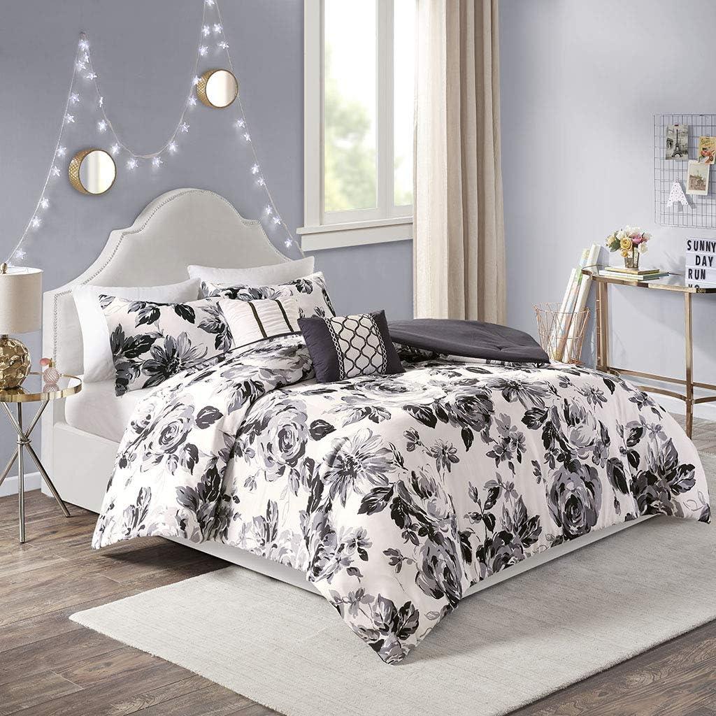 Intelligent Design Twin/Twin XL Comforter Set, 4-Piece Floral Bedding Set for All Season, Black and White Bedding Comforter Sets with Decor Pillows