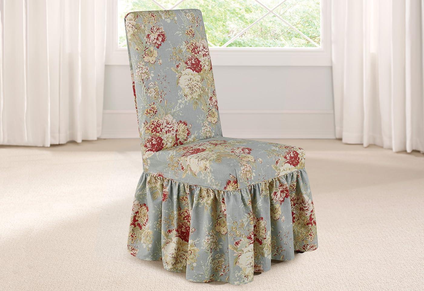 Blue Floral Cotton Parsons Dining Chair Slipcover